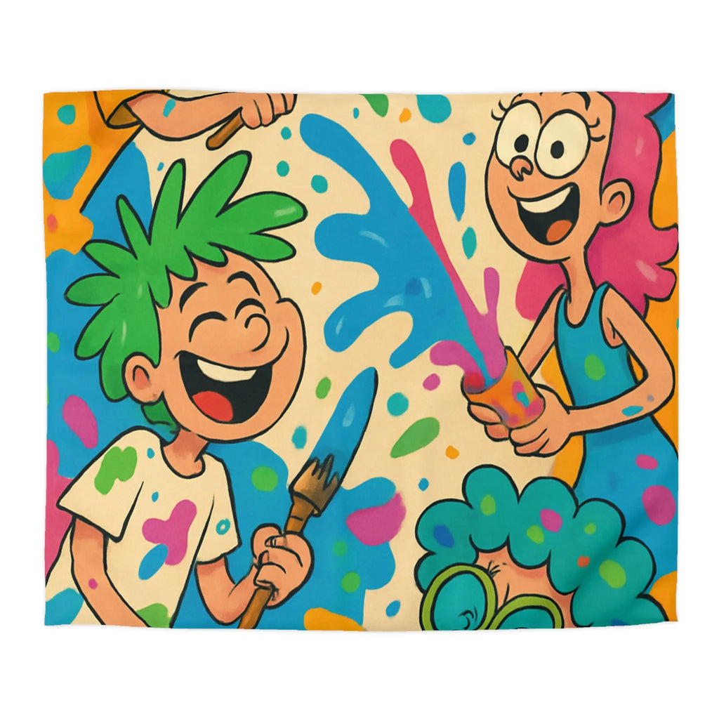 Housse de couette colorée pour enfants avec personnages joyeux et éclaboussures de peinture