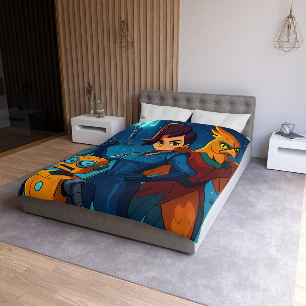 Housse de couette colorée avec exploratrice, robot et oiseau dans l'espace étoilé