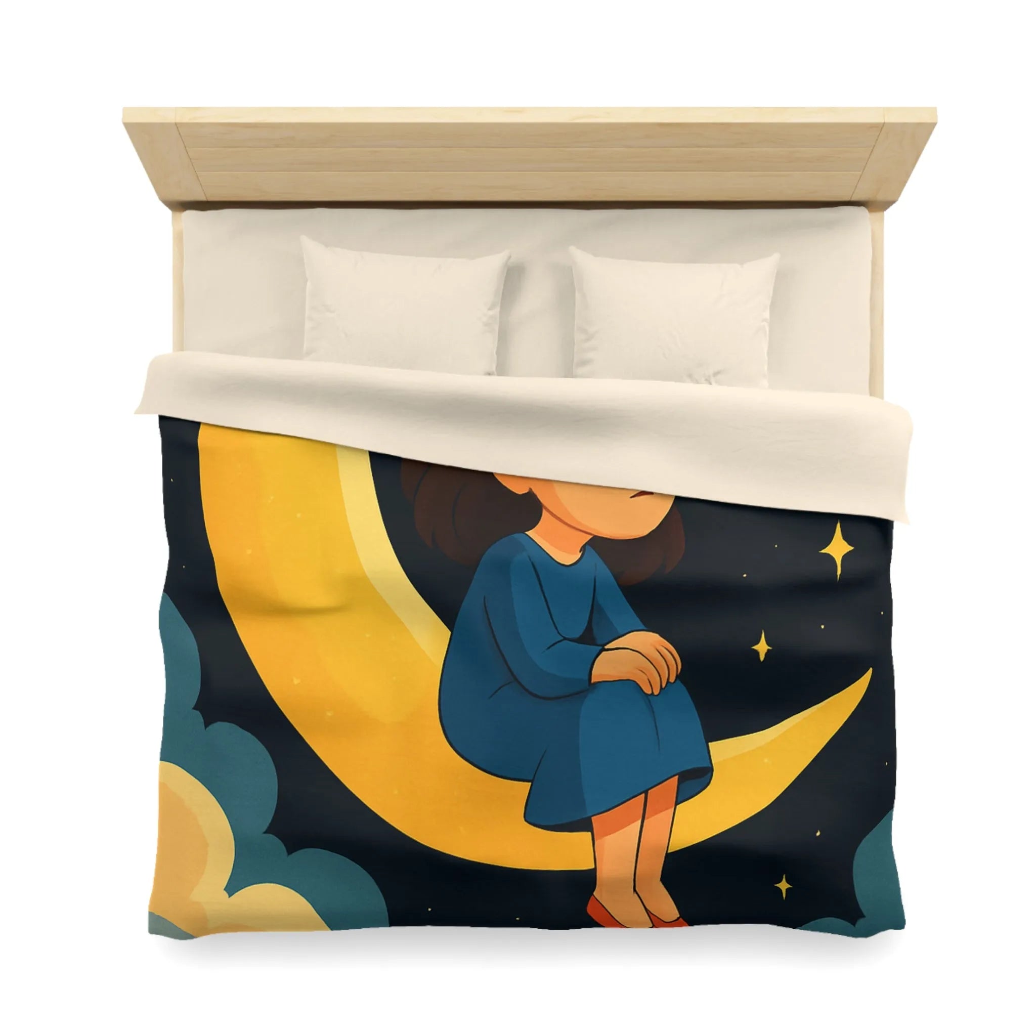 Housse de couette avec lune jaune, ciel étoilé et fille pensive en bleu
