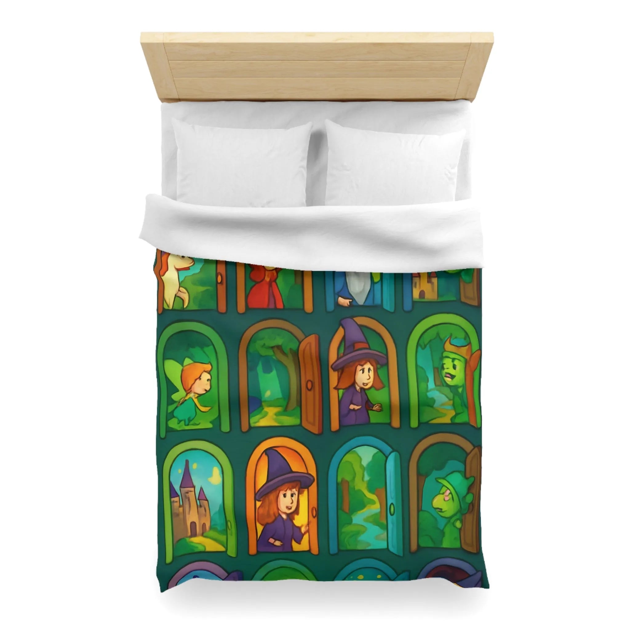 Enchantement magique avec motifs de sorcières, chevaux, et châteaux sur housse de couette