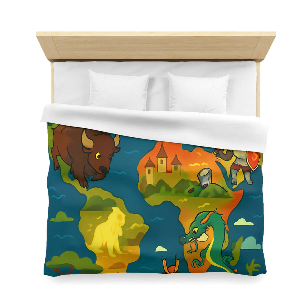 Housse de couette épique avec dragons, samouraïs et créatures légendaires au style coloré.