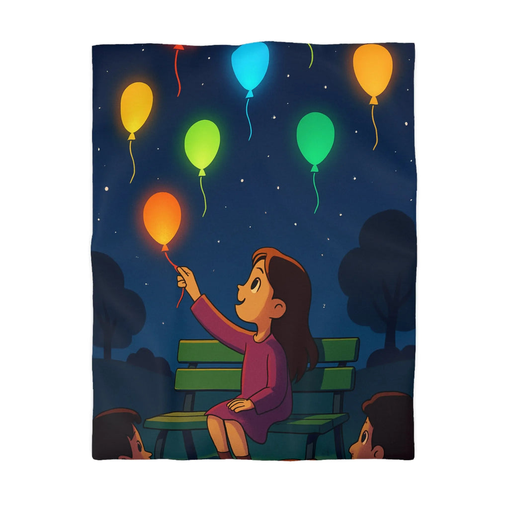 Housse de couette colorée avec ballons lumineux flottant dans un ciel étoilé magique