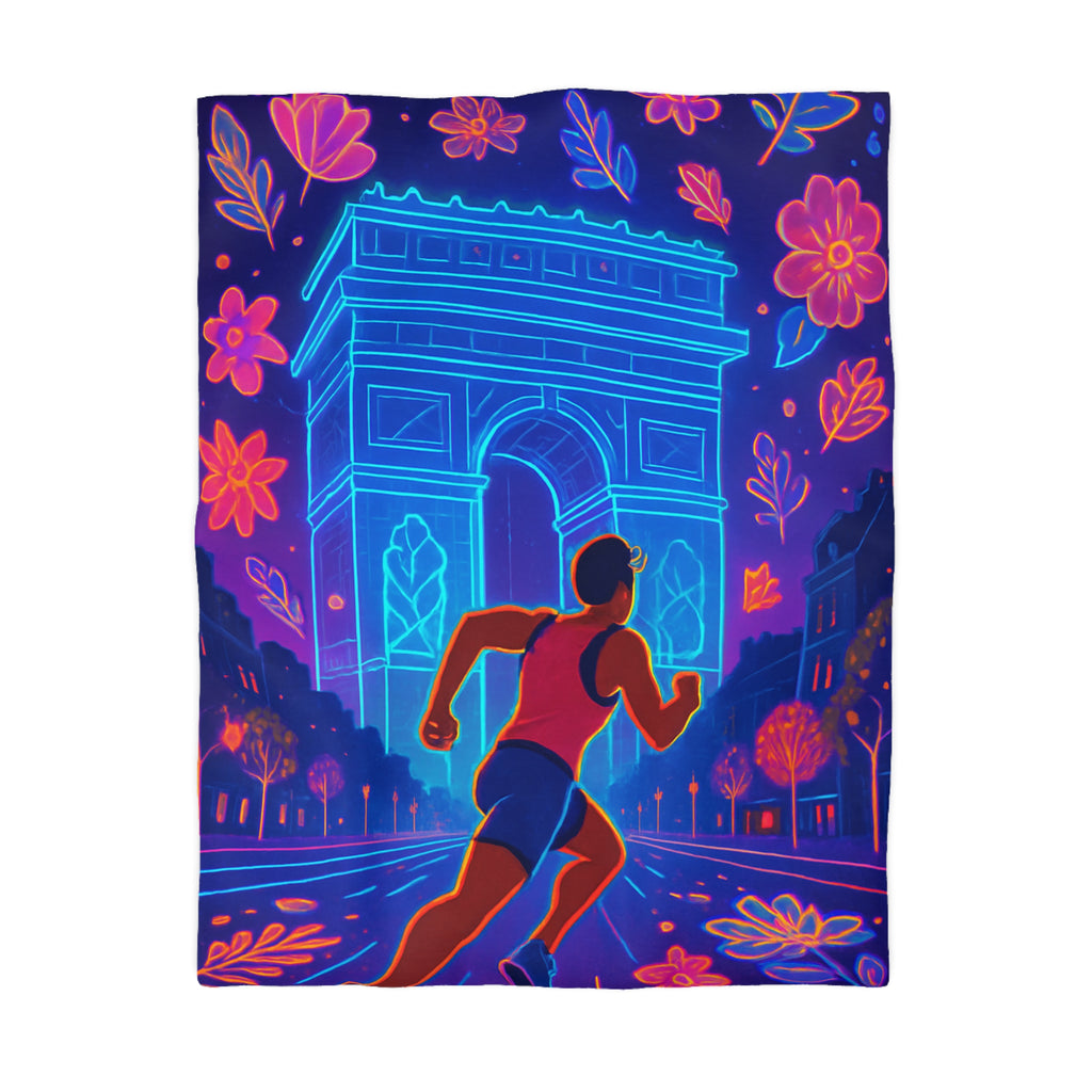 Housse de Couette Vibrante : Coureur Devant Monuments et Fleurs Scintillantes de Paris
