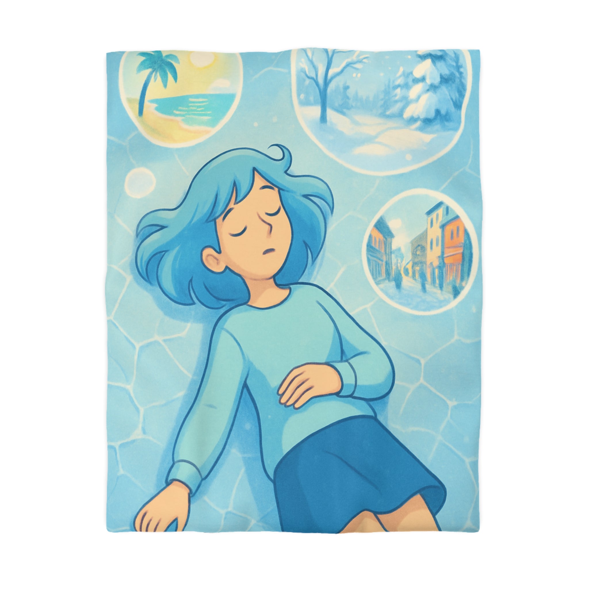 Housse de couette rêve bleuté avec motifs oniriques et paysages variés enchanteurs