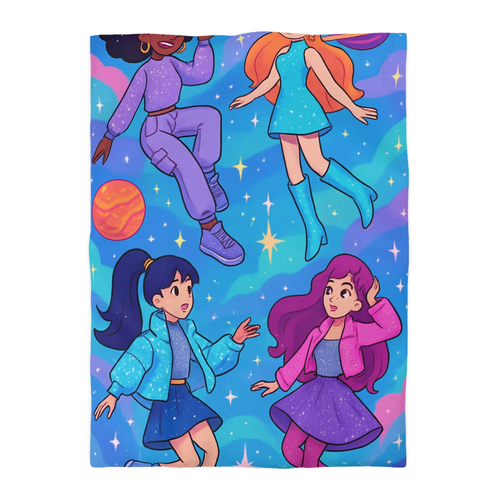 Housse de couette colorée avec filles dans l'espace et étoiles scintillantes joyeuses