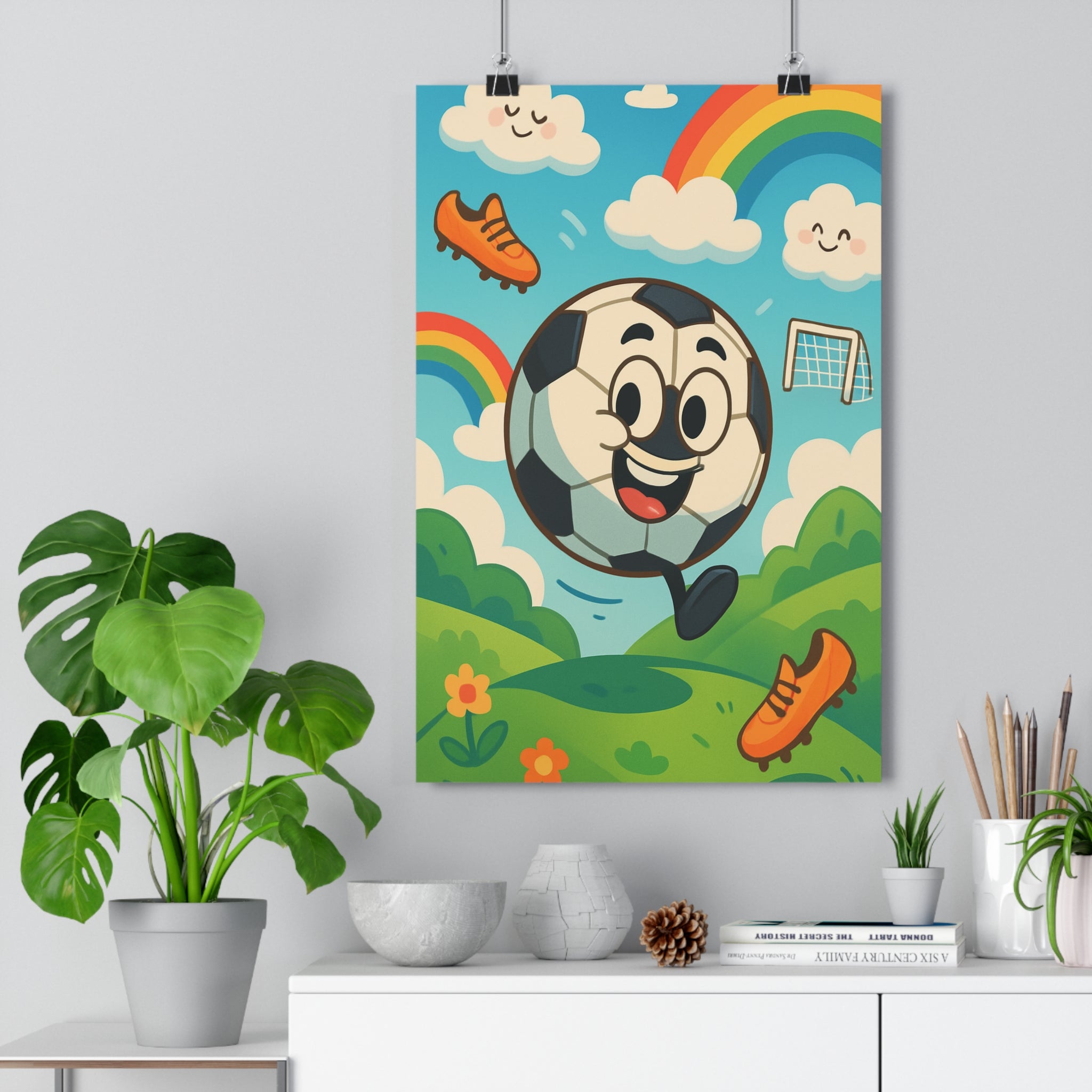 Poster décoratif cartoon football joyeux enfant bleu vert jaune chambre ludique aventure fantaisie art