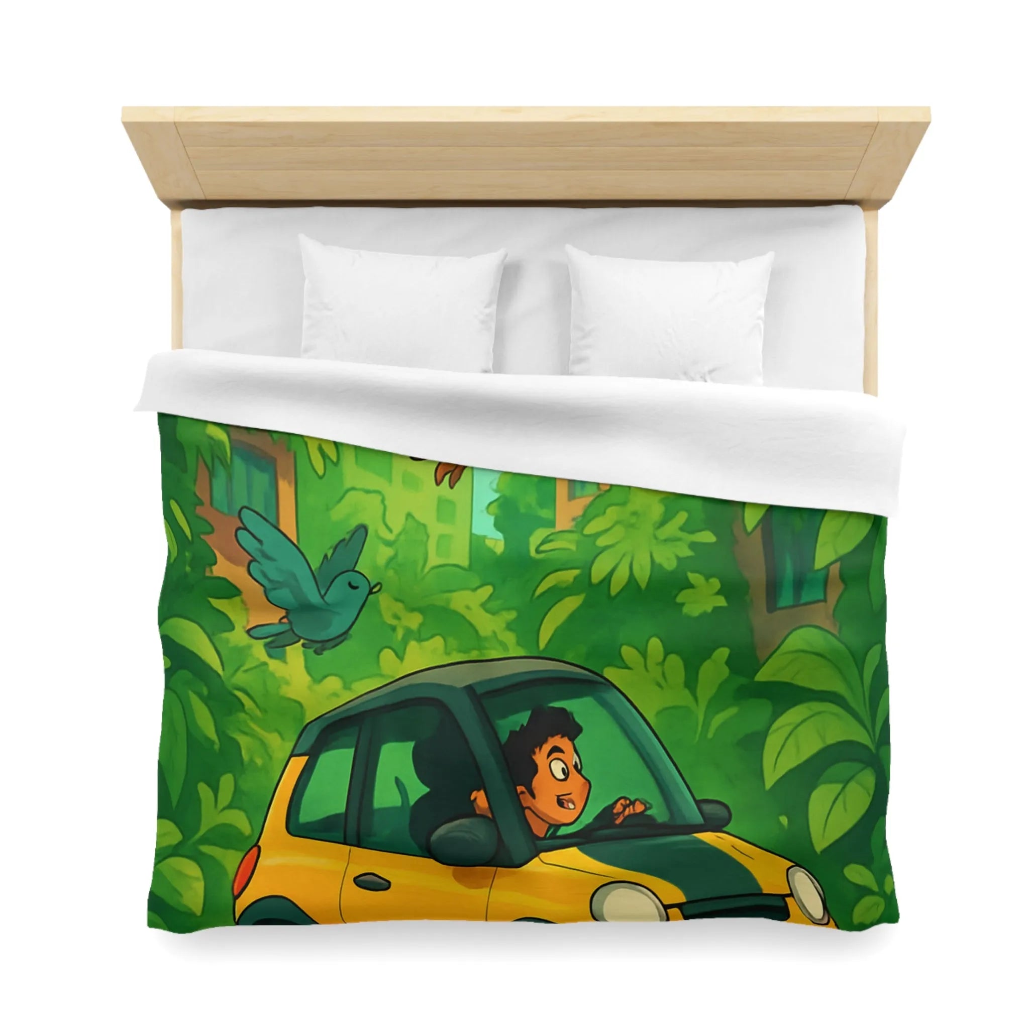 Housse de couette colorée avec voiture jaune et jungle luxuriante pour enfants aventureux