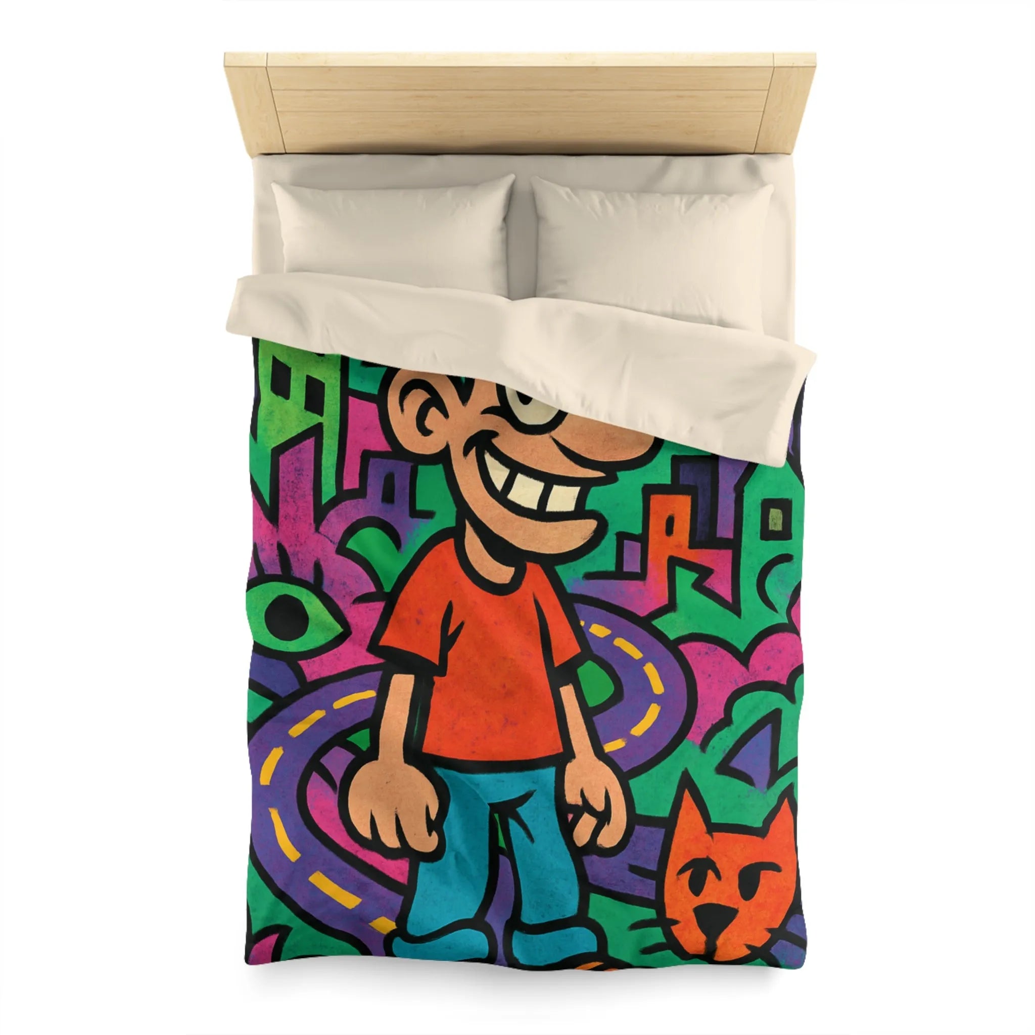 Housse de couette colorée motifs urbains et dessins animés, style pop art dynamique