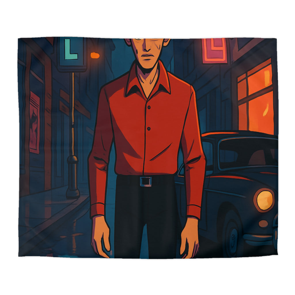 Housse de couette urbaine nocturne avec homme mystérieux et néons colorés