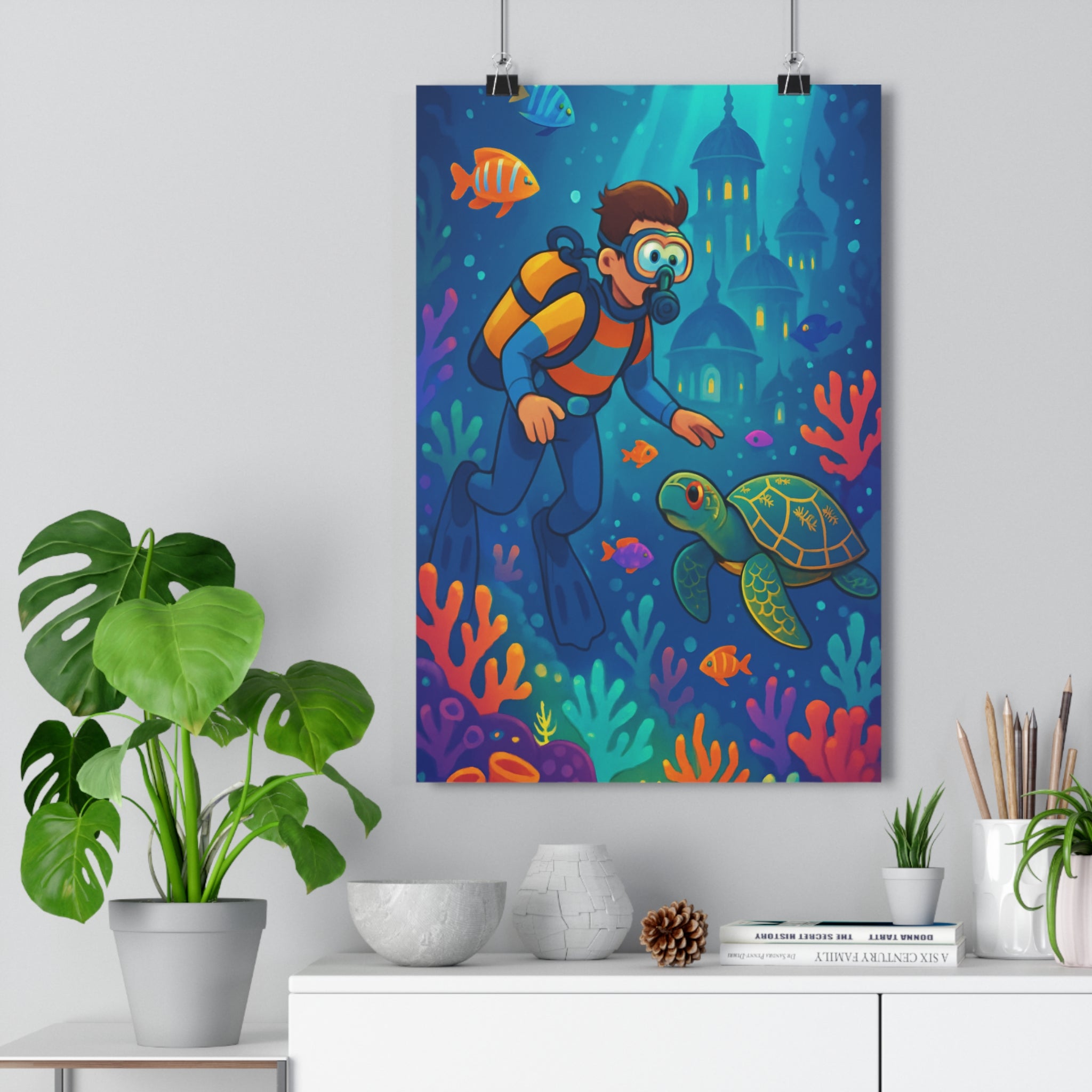 Poster décoratif aventure coloré bleu orange cartoon mystique chambre salon bureau enfant vibrant exploration