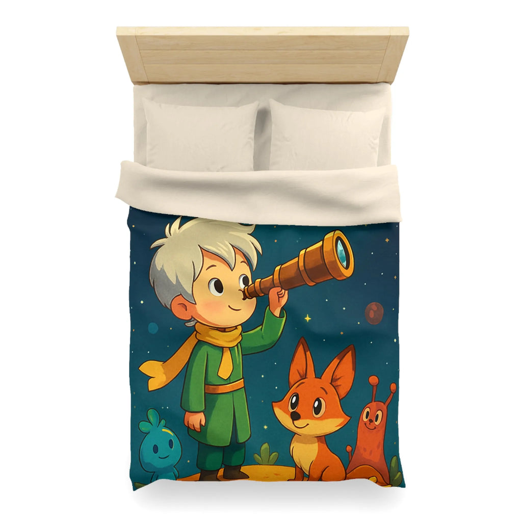 Housse de couette enfant rêveur observant les étoiles avec télescope et animaux adorables