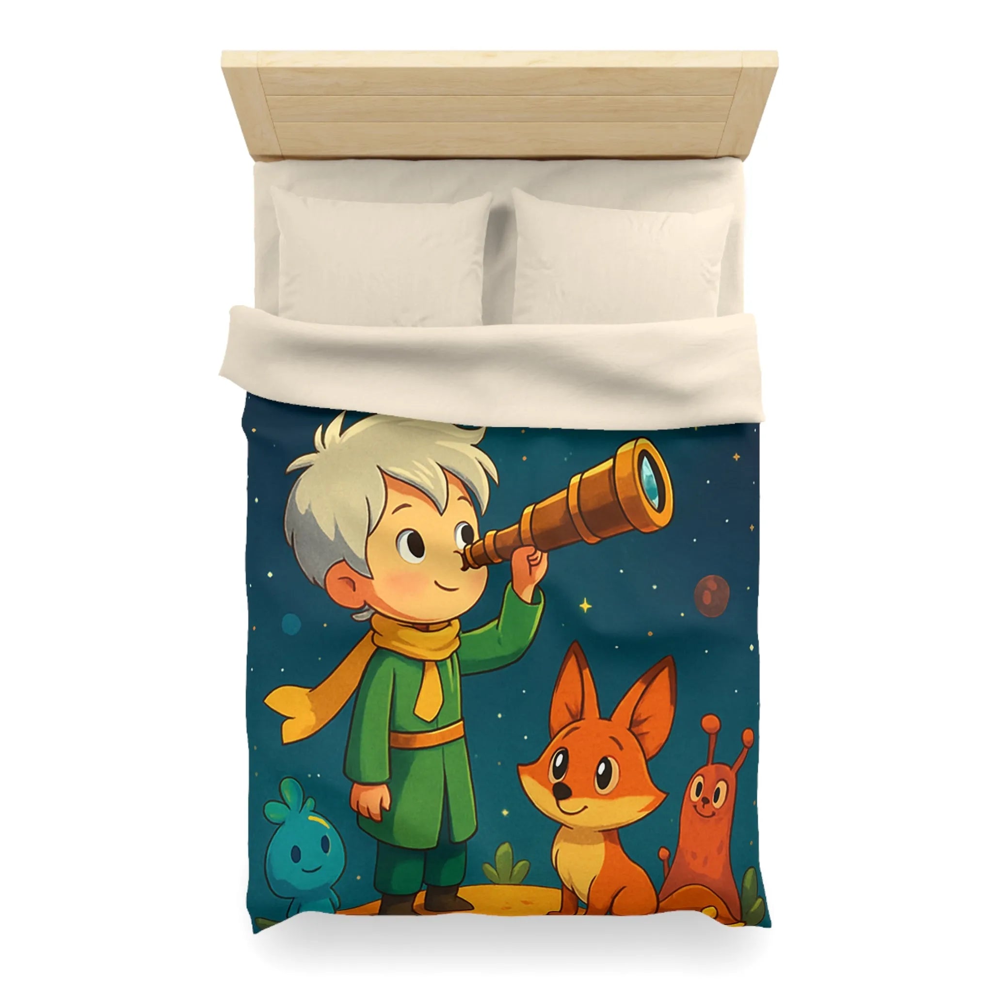 Housse de couette enfant rêveur observant les étoiles avec télescope et animaux adorables