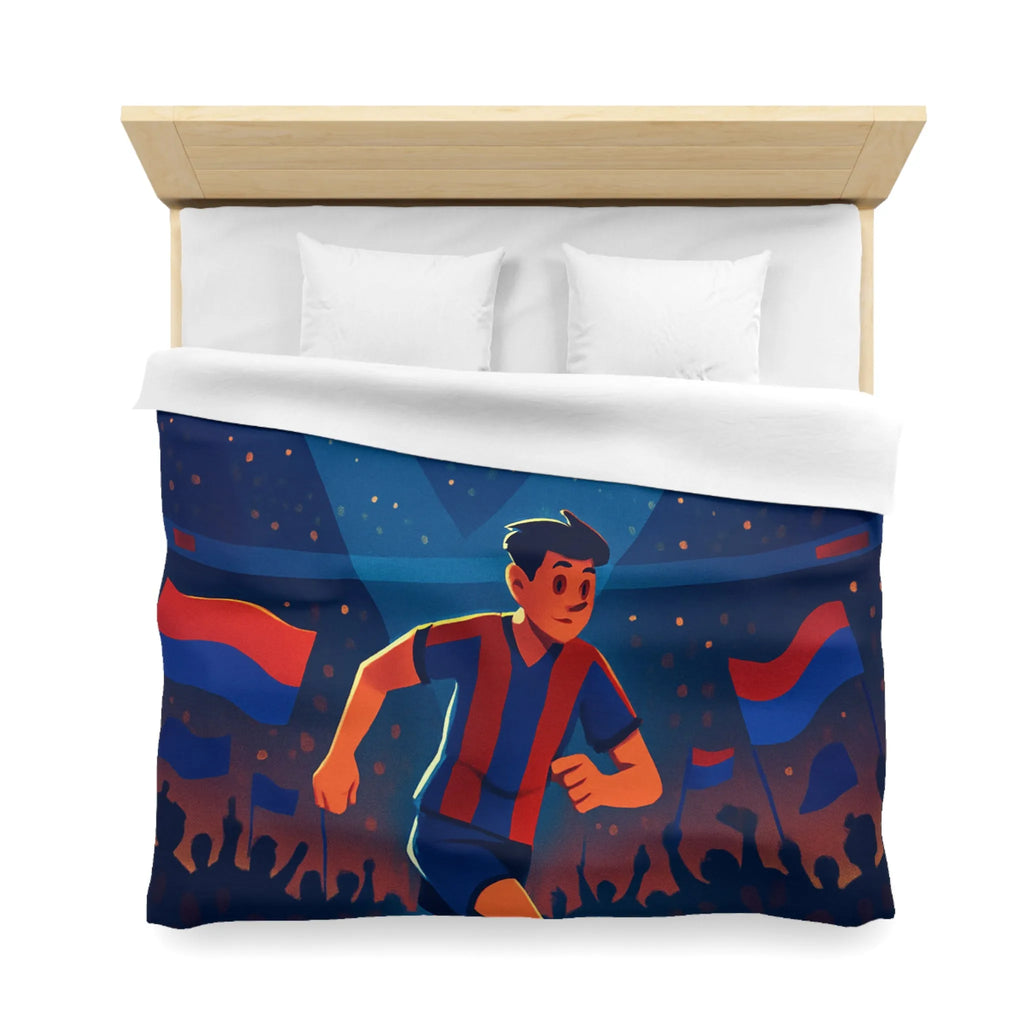 Housse de couette colorée illustrant un joueur de football vibrant sous les projecteurs nocturnes