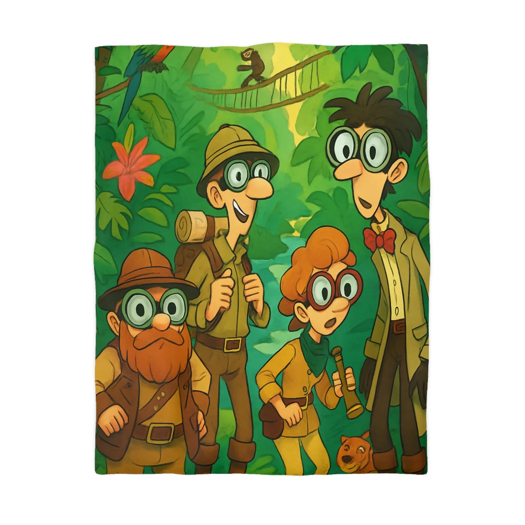 Housse de couette jungle colorée avec explorateurs, perroquet et singe aventureux
