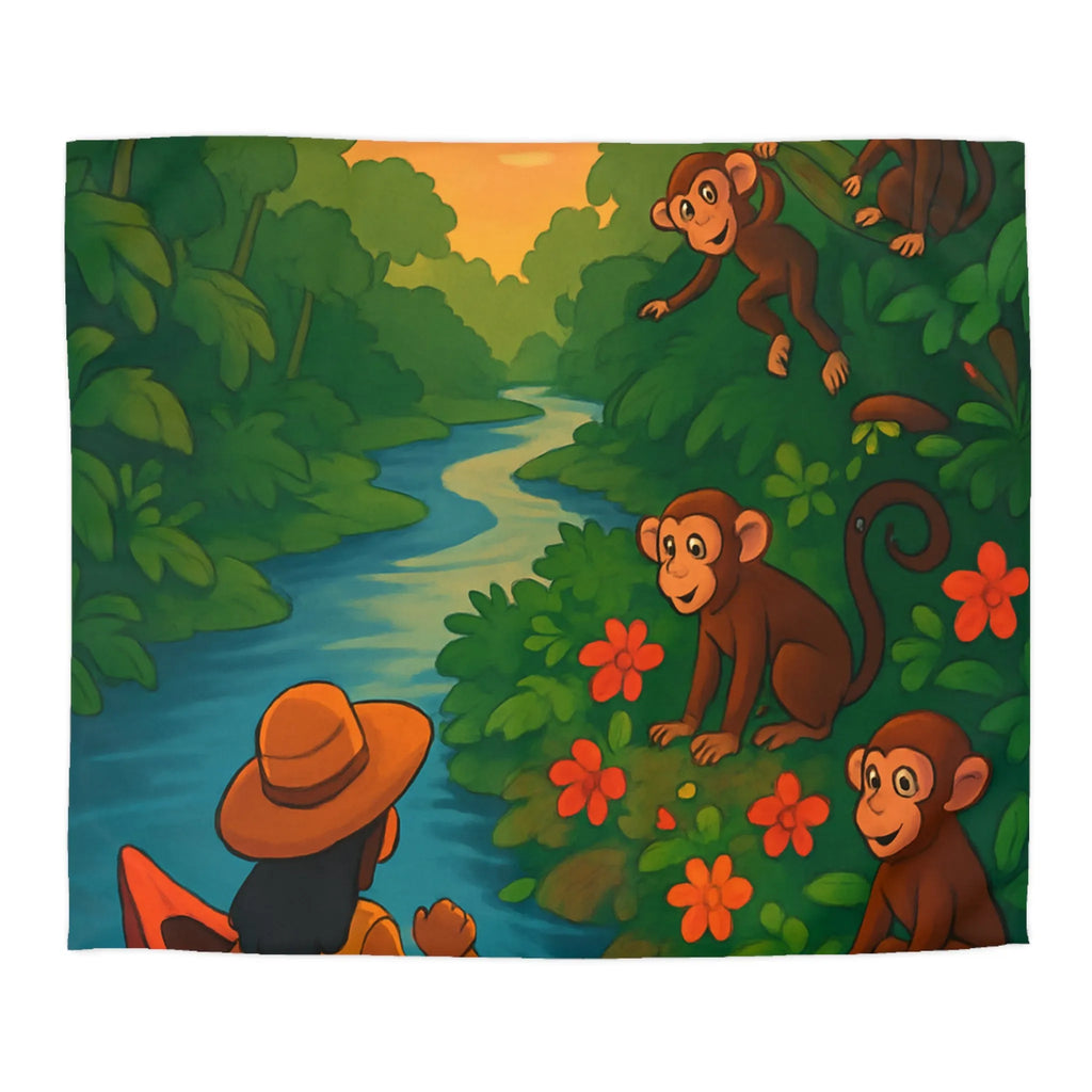 Housse de Couette Jungle avec Singes et Femme en Canot sur Rivière Tropicale