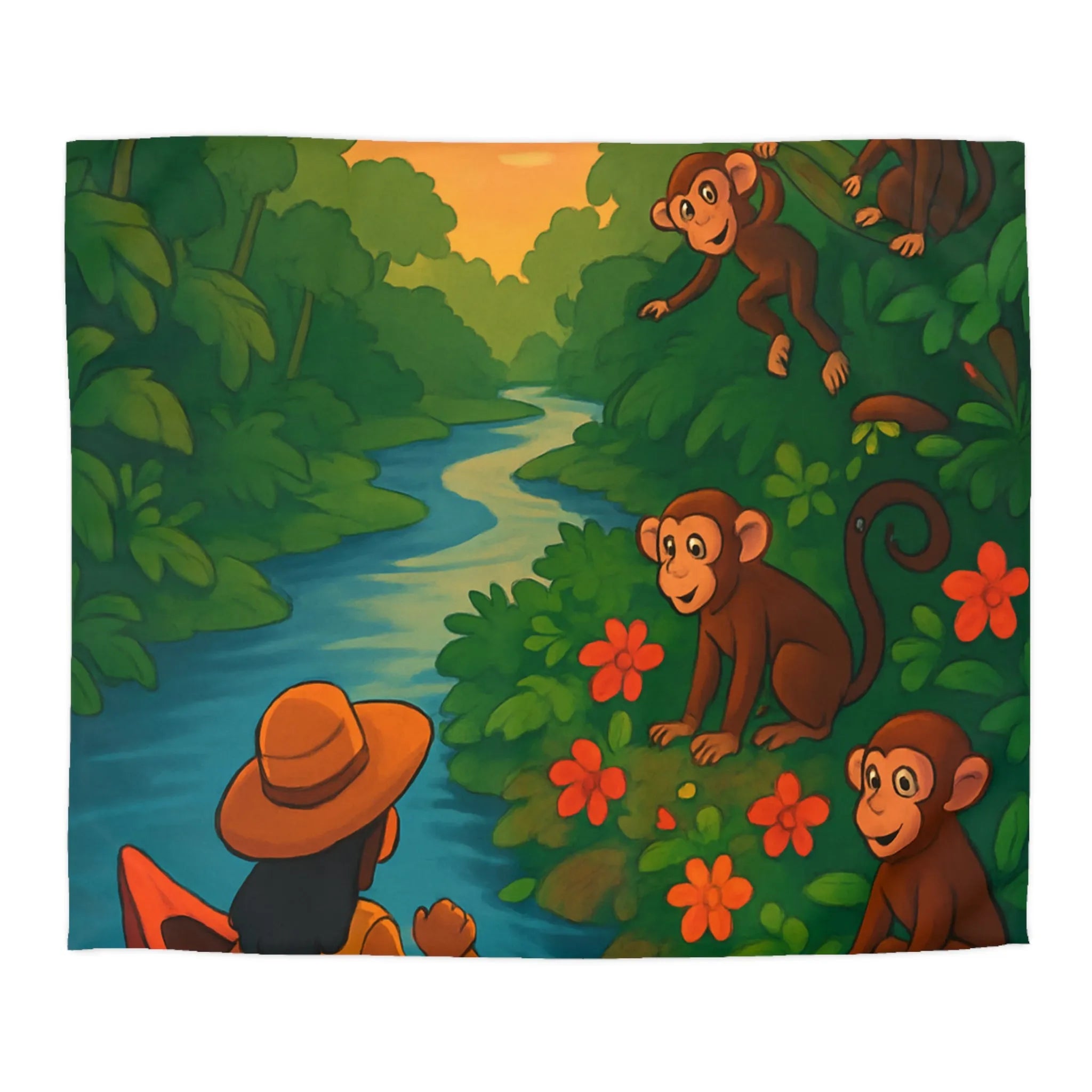 Housse de Couette Jungle avec Singes et Femme en Canot sur Rivière Tropicale