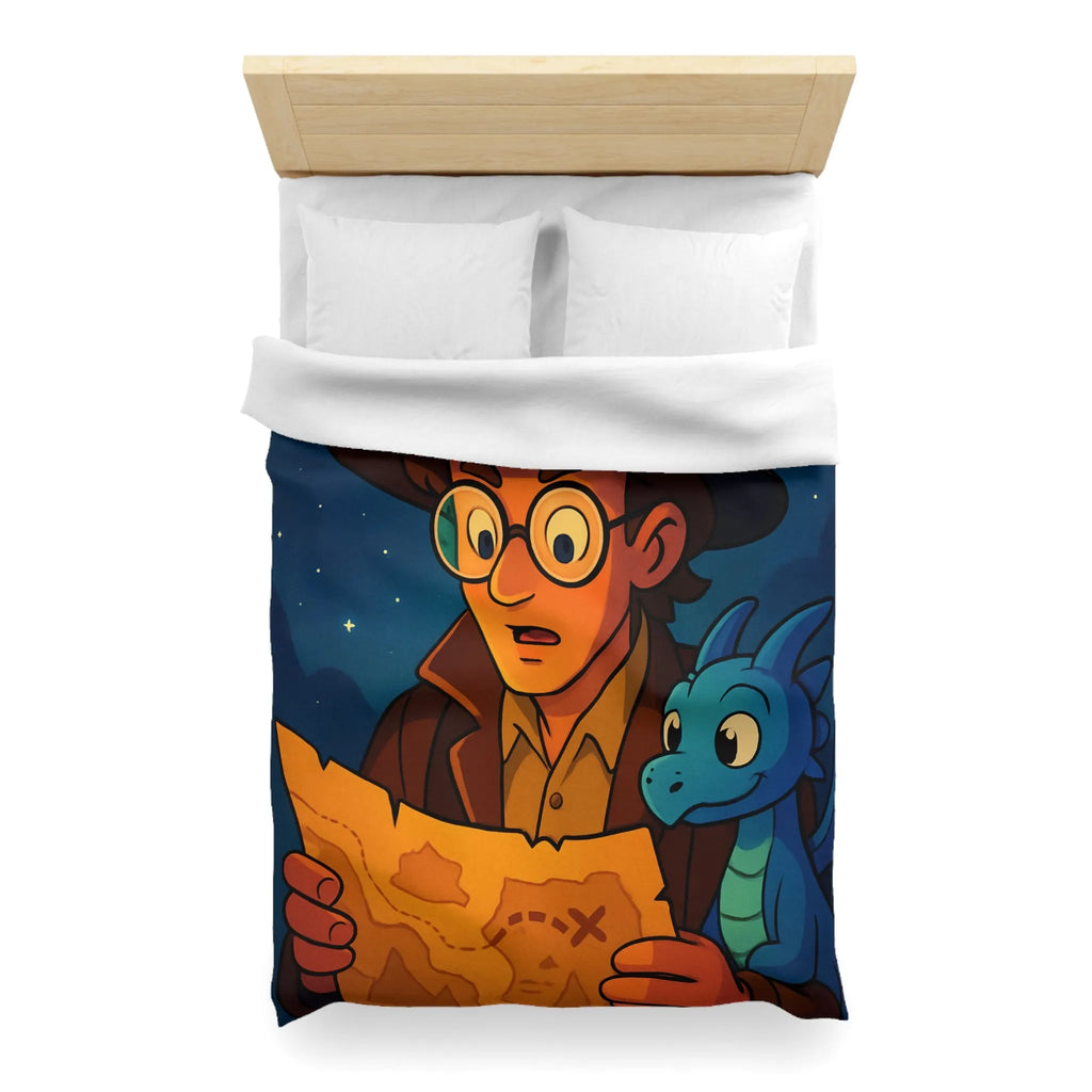 Aventure nocturne avec explorateur et dragon bleu sous planètes mystiques sur fond étoilé