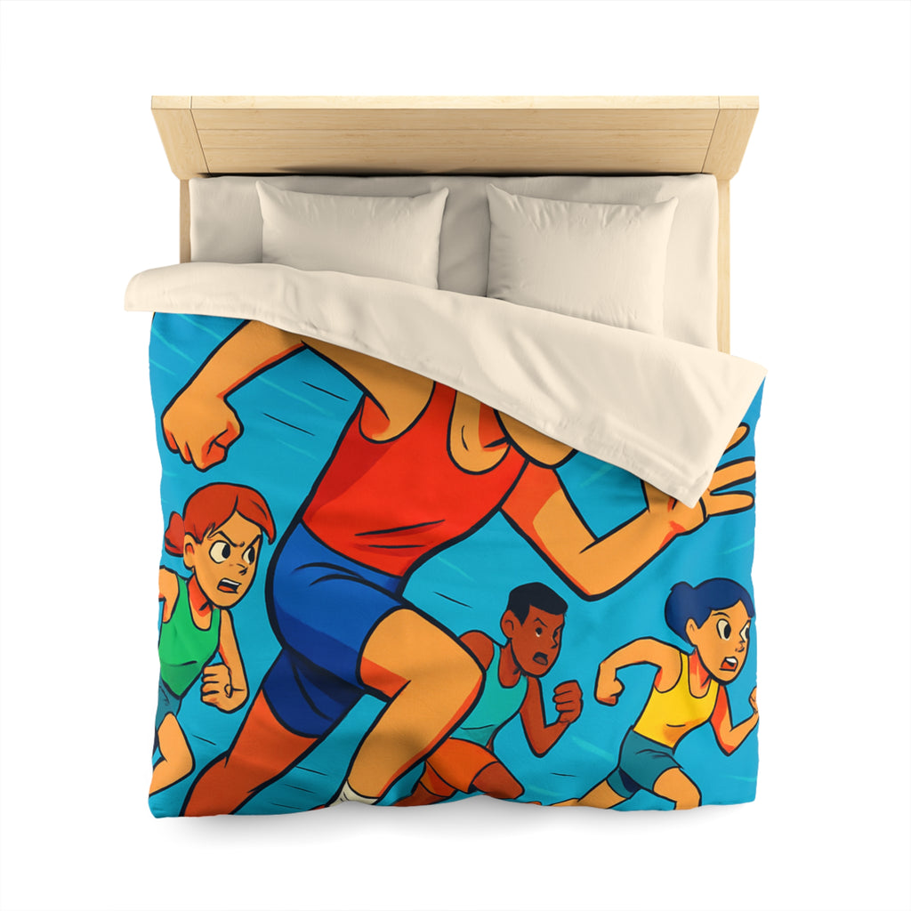 Housse de couette vibrant style bande dessinée enfants courant vers la ligne d'arrivée