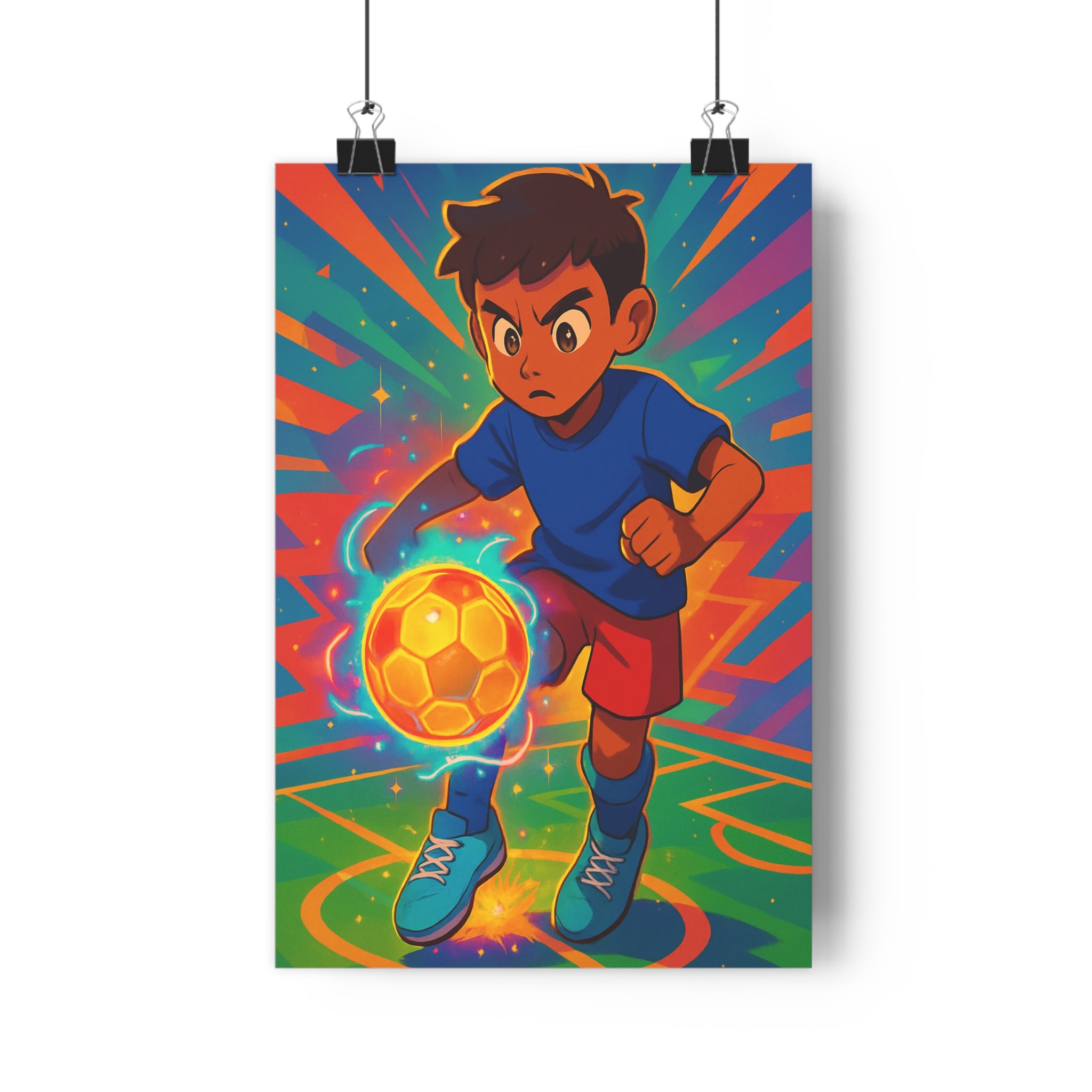Poster décoratif fantastique football garçon maillot bleu orange chambre enfant lumineux énergique magique captivant