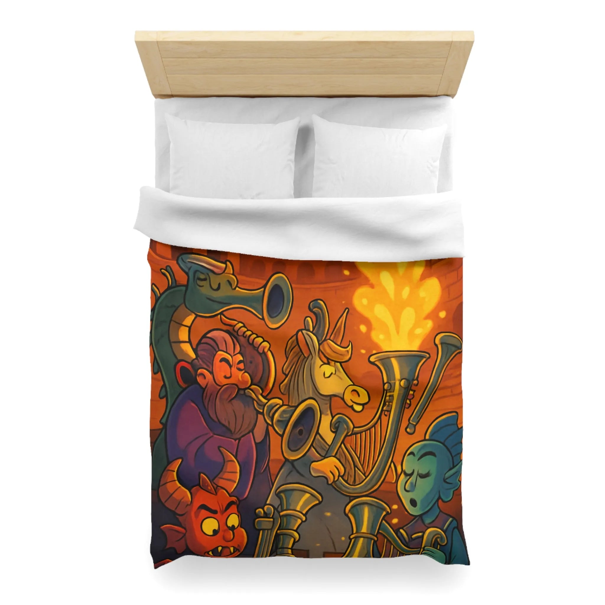 Housse de couette fantastique illustrée avec dragons, musiciens mythiques et couleurs flamboyantes