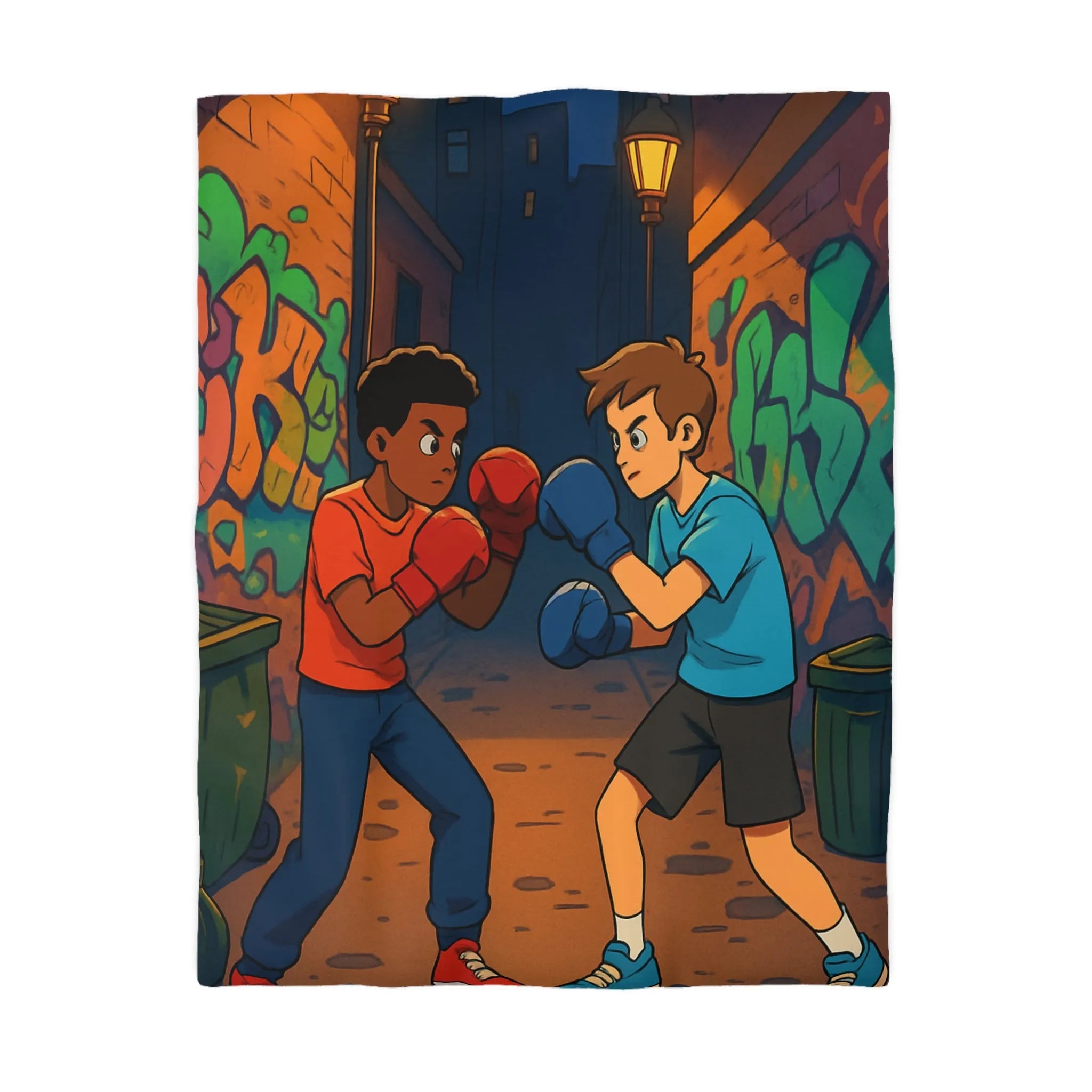 Housse De Couette Boxe Enfantine Nuit Sur Rue Graffitée Avec Lampadaires Illuminés