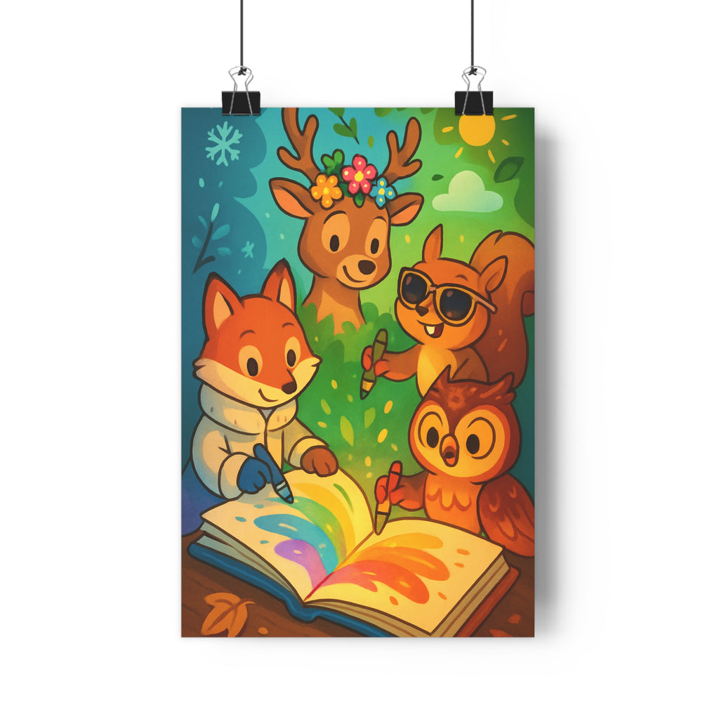 Poster décoratif coloriage enfant joyeux renard écureuil hibou cerf chambre cartoon coloré 30x46 qualité