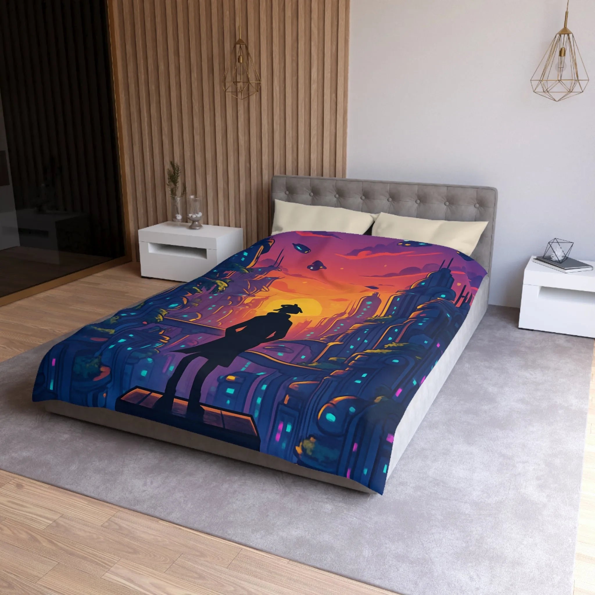 Housse de Couette Futuriste avec Paysage Urbain et Ciel Étoilé Orange et Bleu