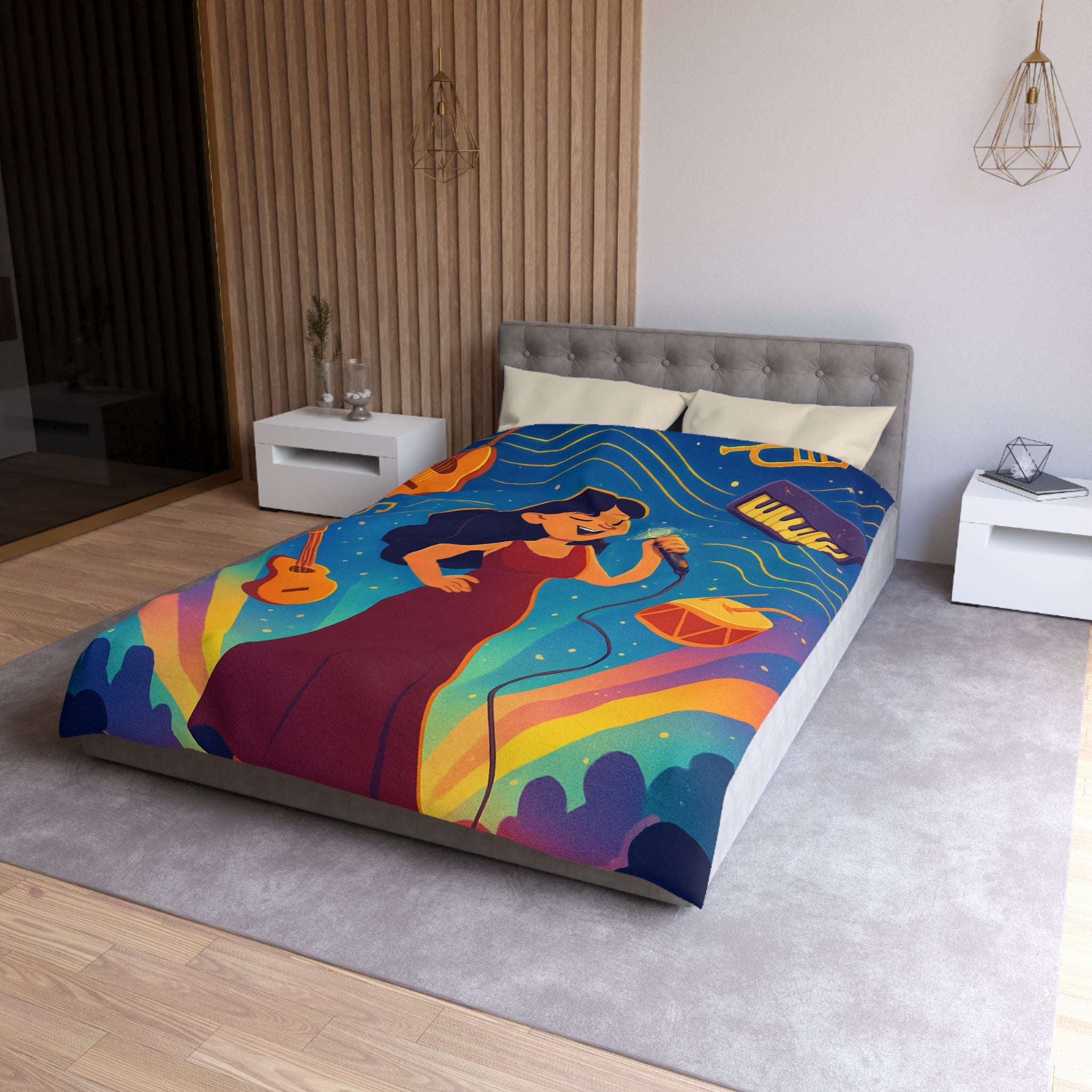 Housse de couette vibrante avec scène musicale, chanteuse et instruments illustrés colorés