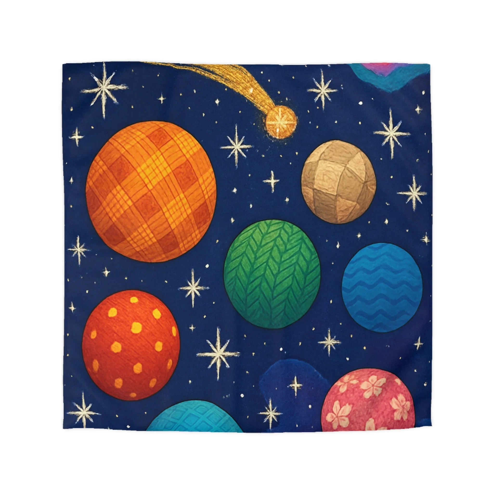 Housse de couette colorée avec planètes texturées, étoiles brillantes et nébuleuse mystique