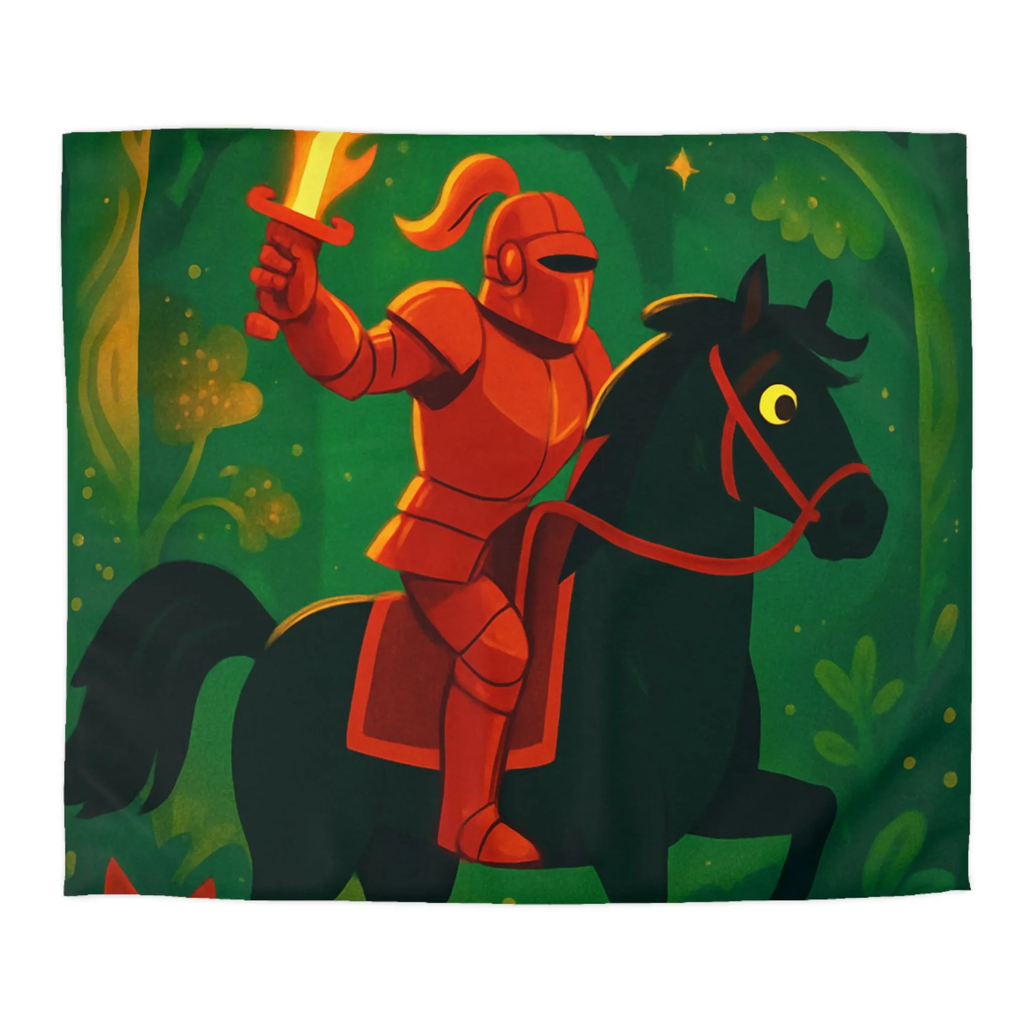 Chevalier en Armure Rouge avec Épée Enflammée dans Forêt Enchantée avec Hibou Mystique