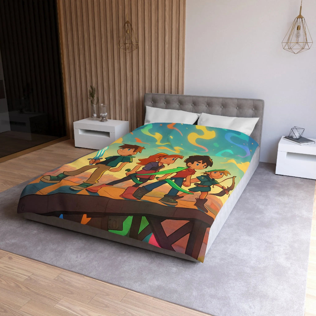 Housse de couette colorée avec quatre héros et ciel étoilé multicolore