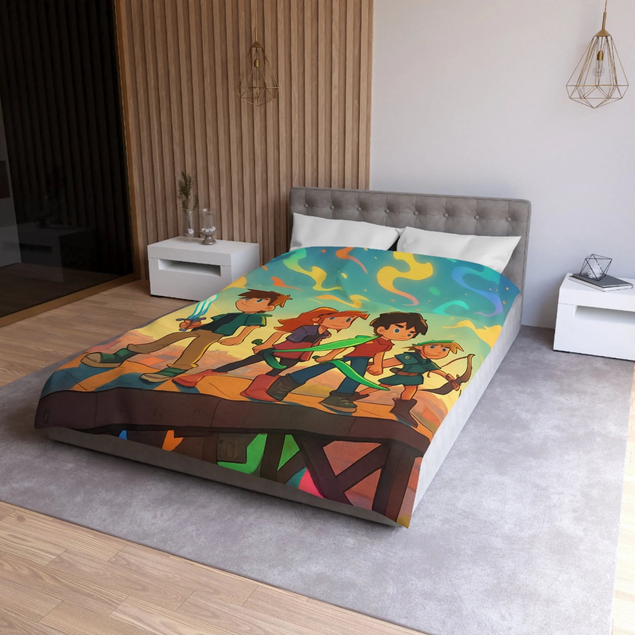 Housse de couette colorée avec quatre héros et ciel étoilé multicolore