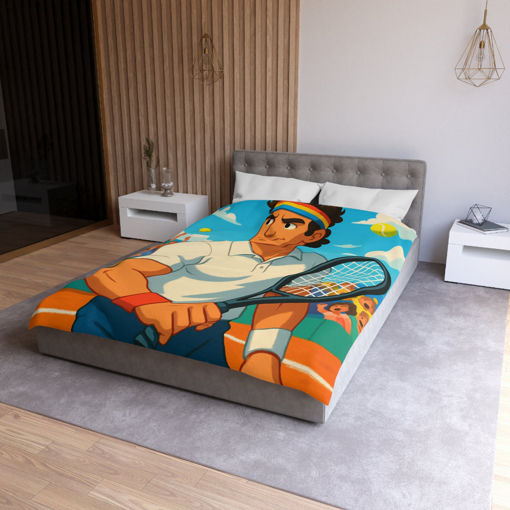 Housse de couette vibrante avec joueur de tennis vintage, bandeau et balles jaunes