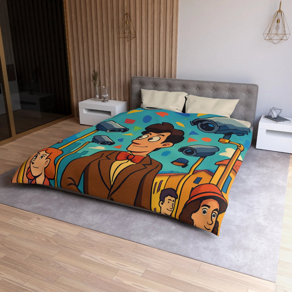 Housse de couette colorée avec motifs géométriques et personnages sous caméras de surveillance