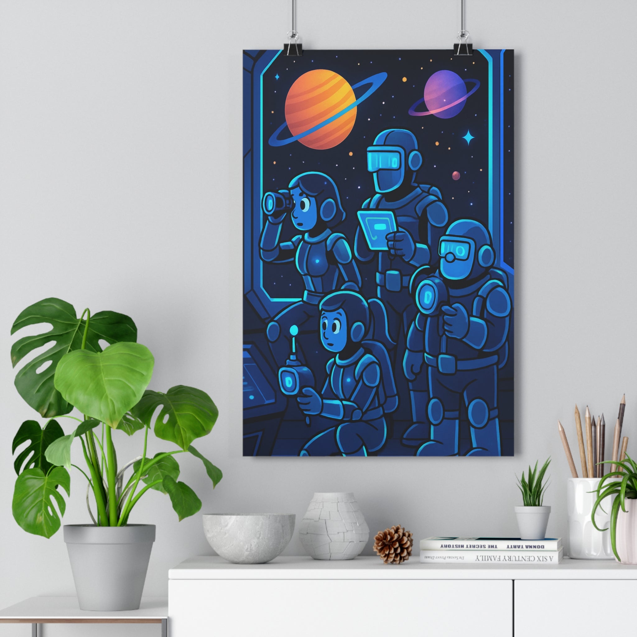 Poster décoratif aventure spatiale bleu orange futuriste chambre enfants exploration cosmos univers étoiles qualité