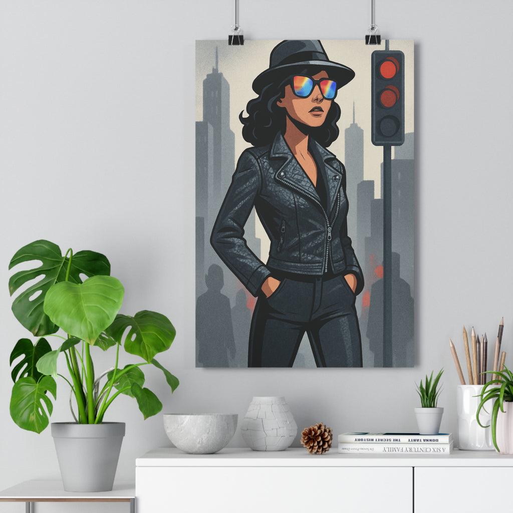 Poster décoratif femme urbain moderne élégant cuir noir lunettes colorées minimaliste salon chambre contemporain