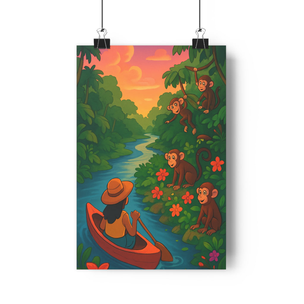 Poster décoratif cartoon mystère jungle vert orange aventure chambre enfant salon vibrant joyeux qualité