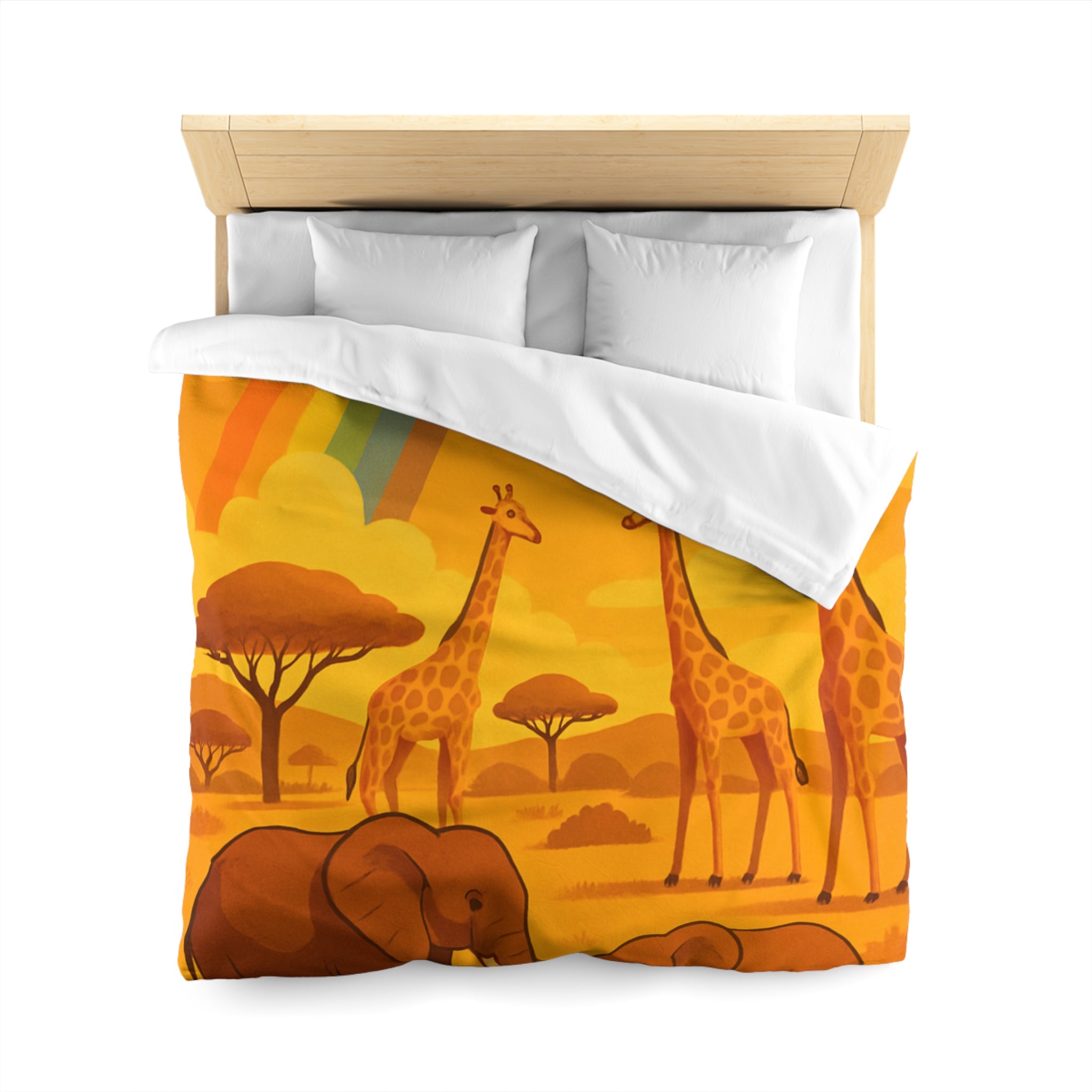 Housse de couette safari enfant avec éléphants, girafes et arc-en-ciel vibrant