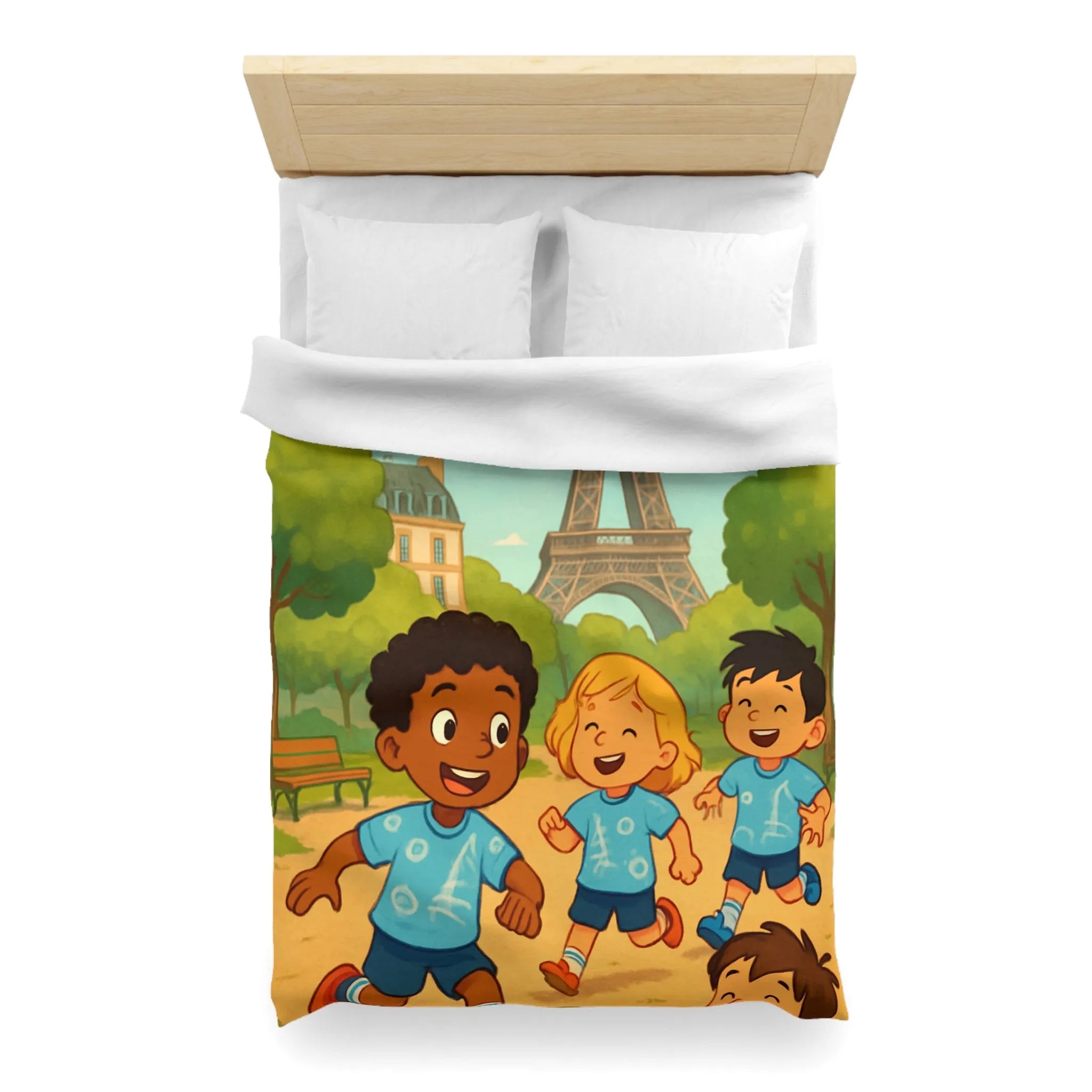 Housse de couette enfant avec tour iconique et cerfs-volants colorés en arrière-plan