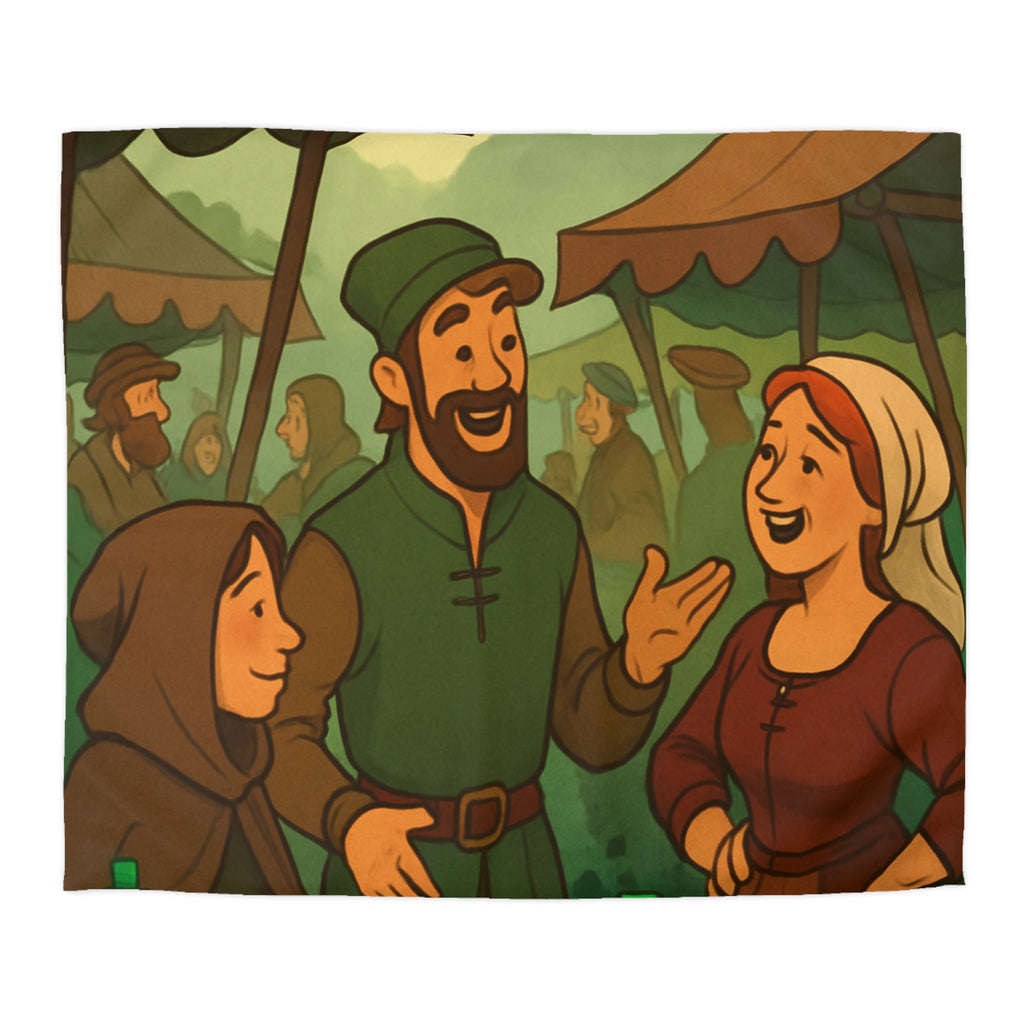 Housse de couette thème médiéval avec château, marché animé et potions colorées