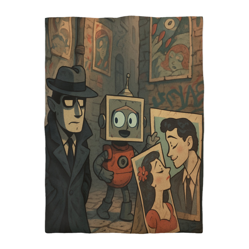 Housse de couette rétro robot vintage, style pop art, ambiance urbaine et romantique