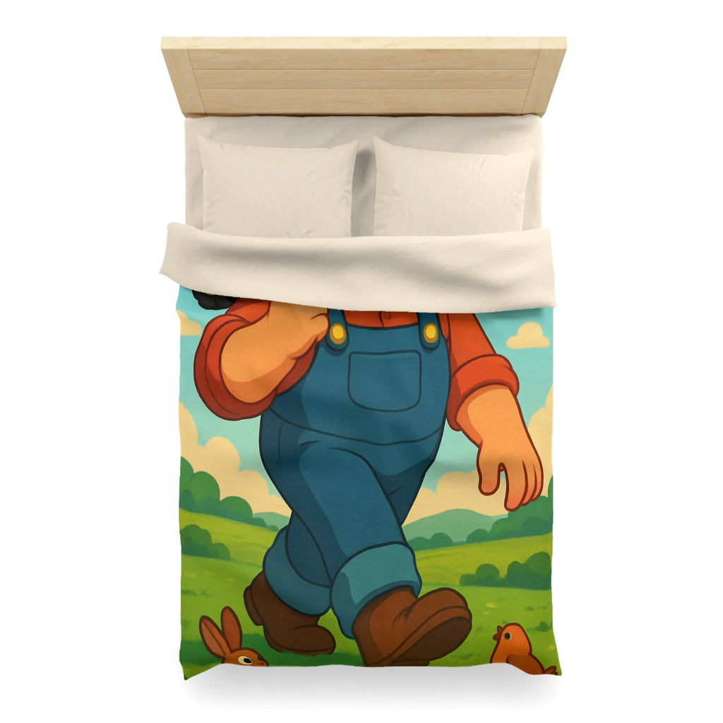 Housse de couette fermier joyeux avec animaux, arc-en-ciel et tracteur, paysage coloré