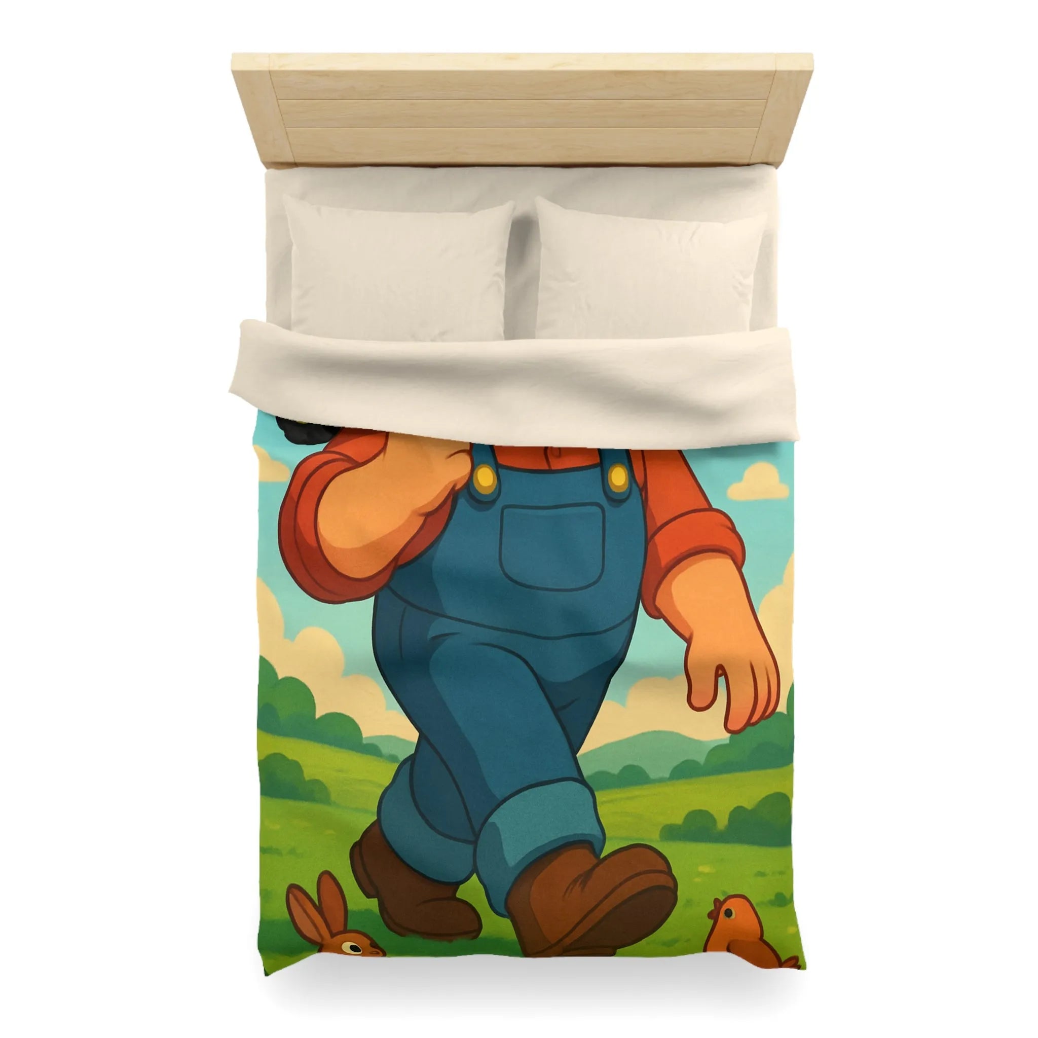 Housse de couette fermier joyeux avec animaux, arc-en-ciel et tracteur, paysage coloré