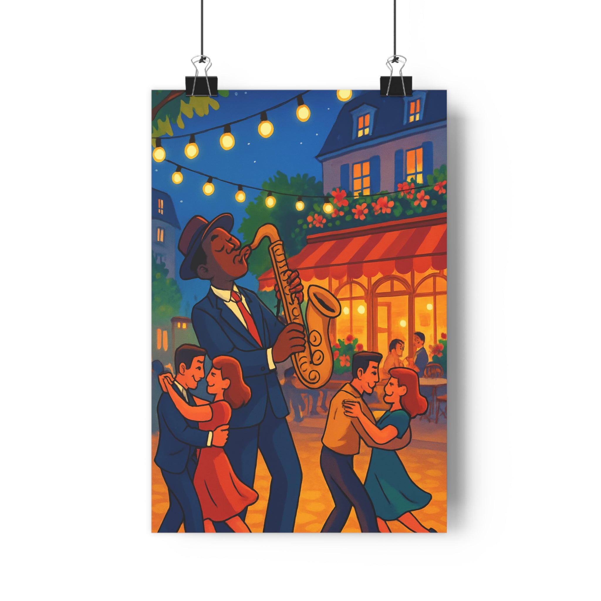 Poster décoratif jazz art déco lumineux chaleureux parisien salon intérieur vintage ambiance festive saxophone