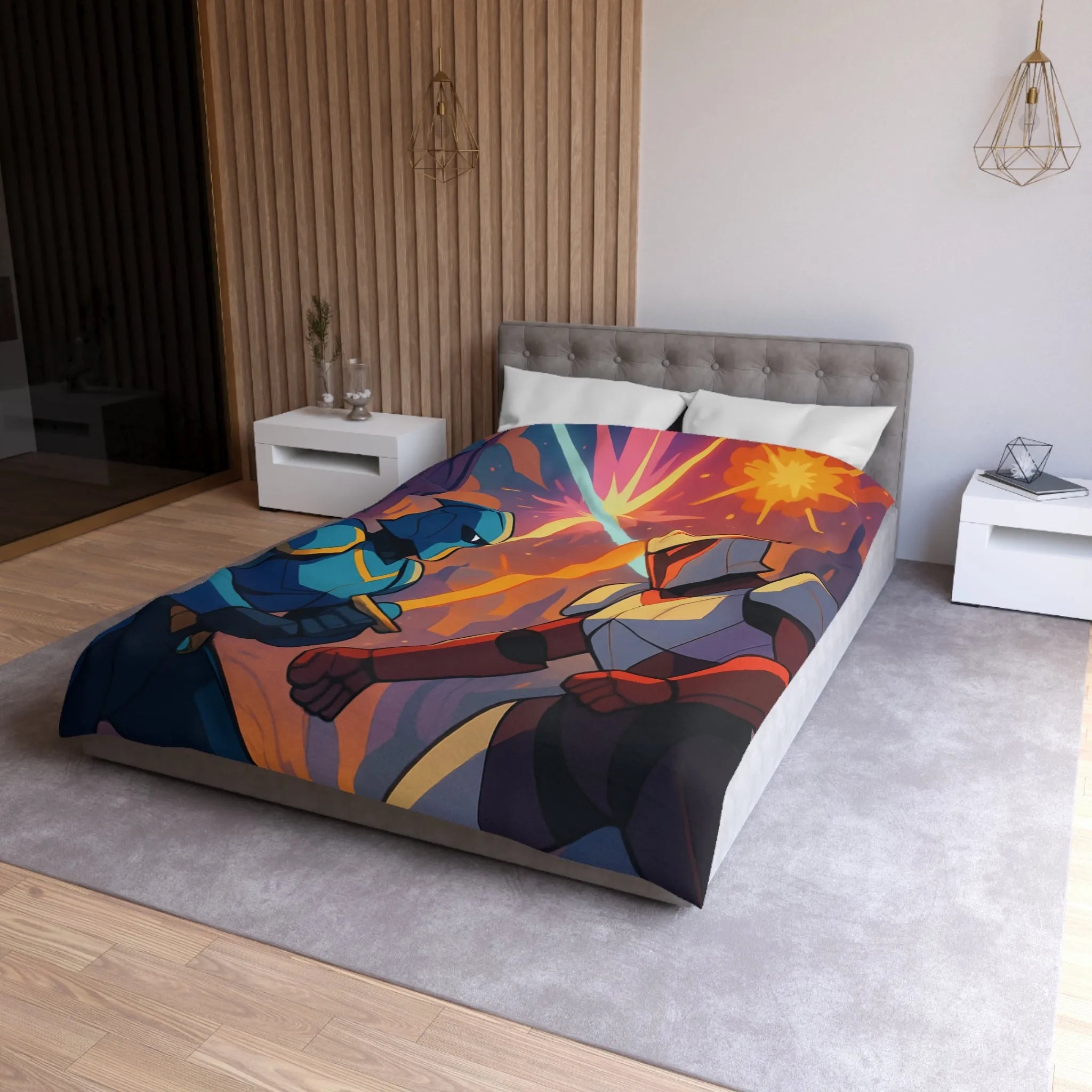 Épique scène de duel au sabre laser dans un paysage intergalactique coloré et artistique