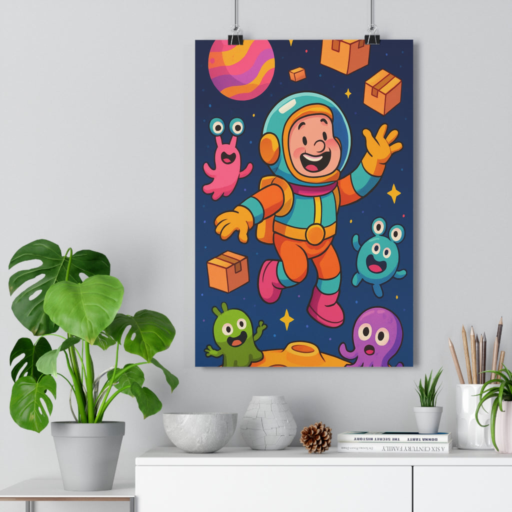 Poster décoratif cartoon astronaute joyeux coloré rose vert bleu chambre enfant amusant espace créatif