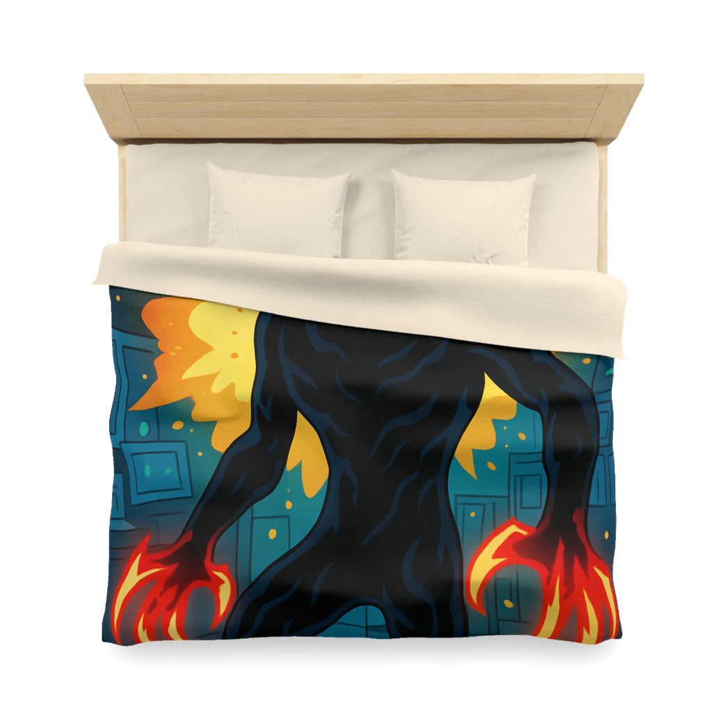 Housse de couette sombre avec créature enflammée aux griffes lumineuses