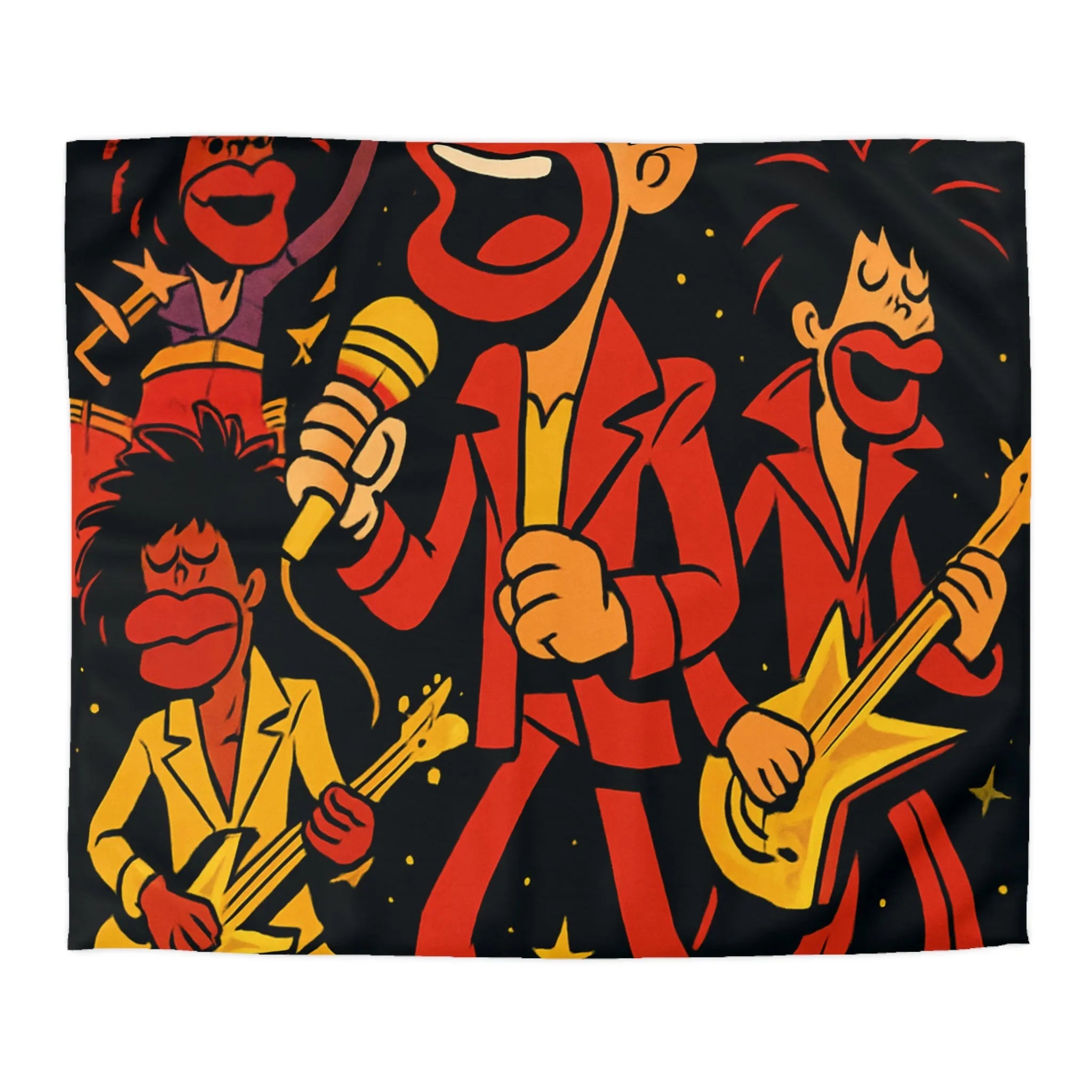 Housse de couette colorée avec illustrations de musiciens sous un ciel étoilé