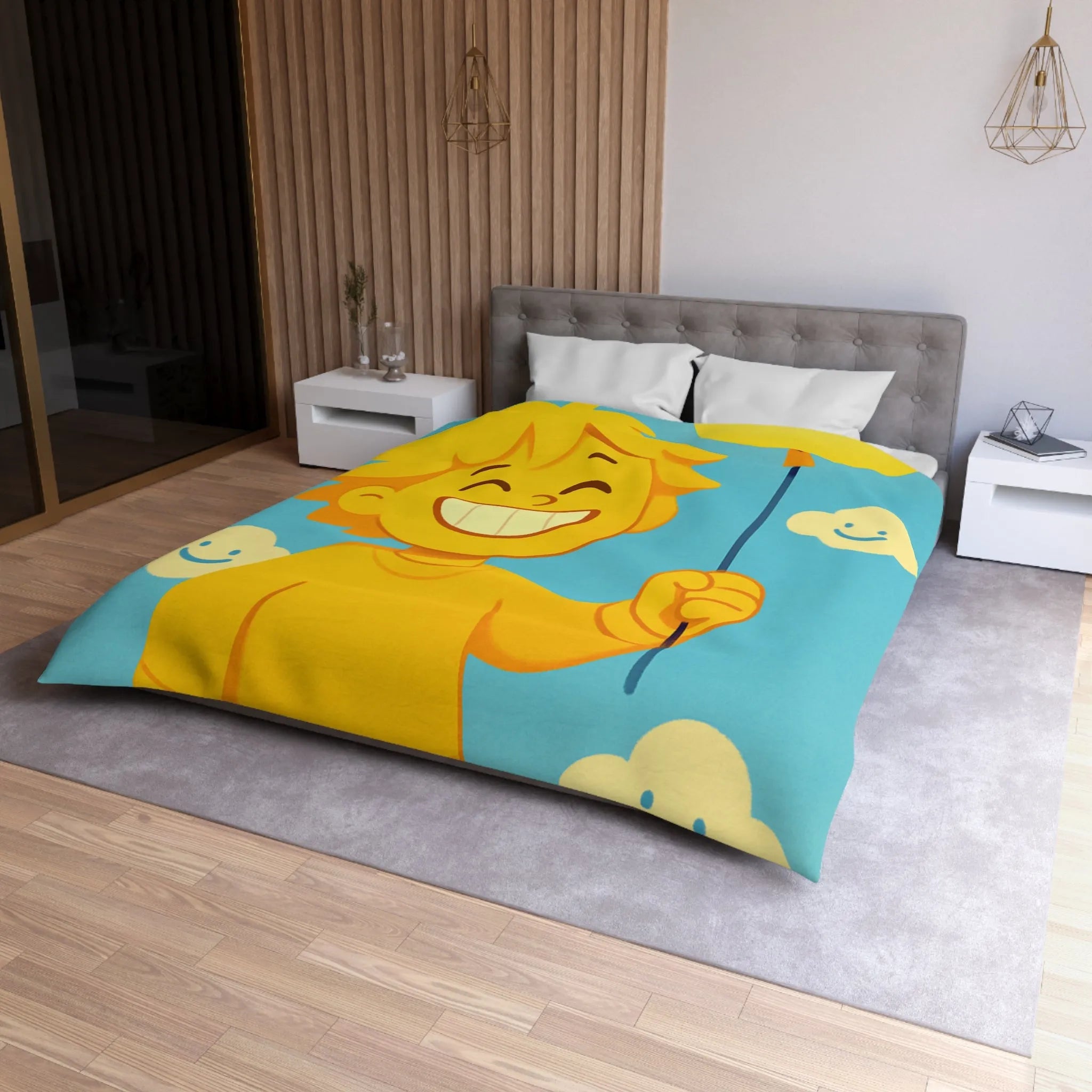 Housse de Couette Enfantine avec Ballon et Nuages Sourires dans Tons Jaunes et Bleus