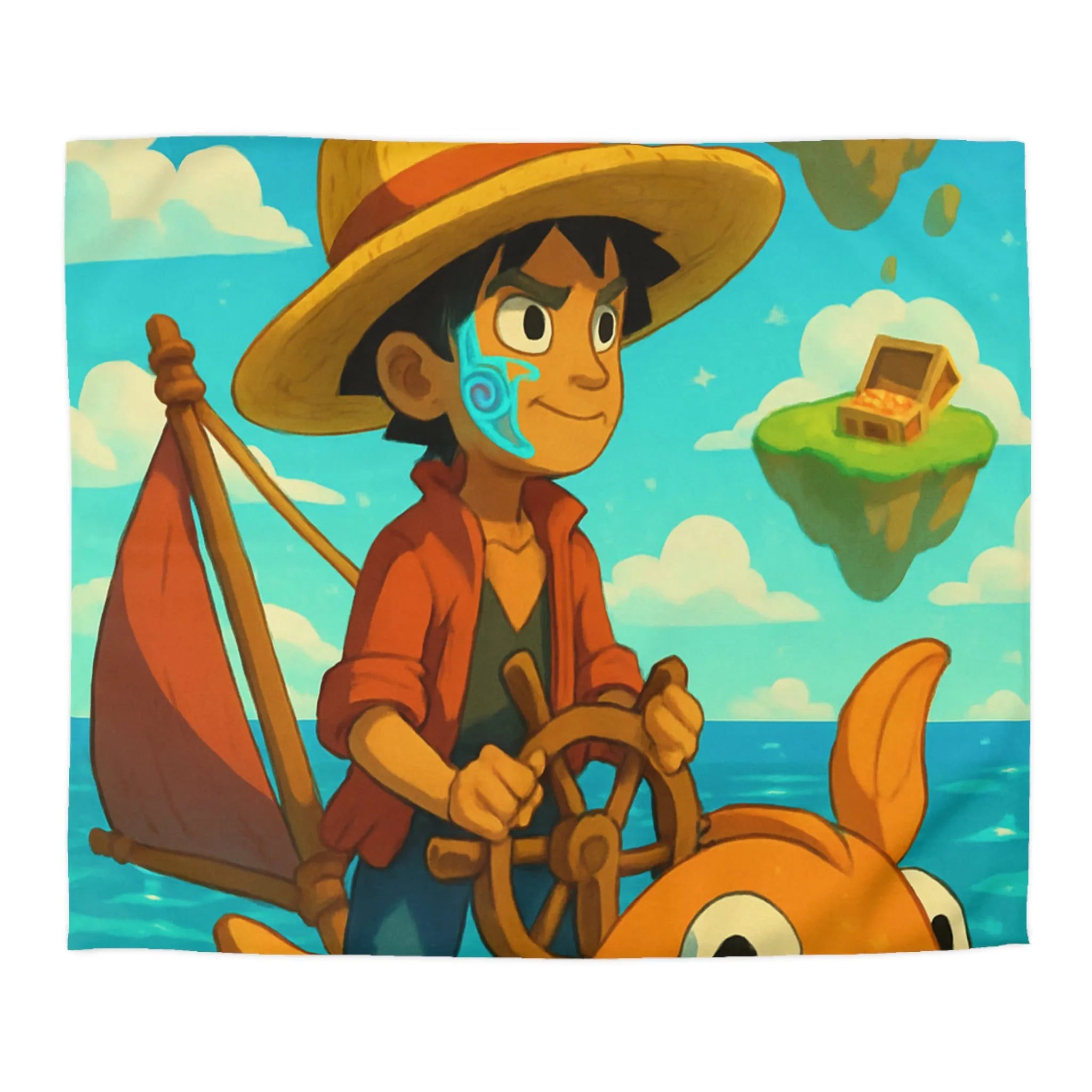 Housse de couette embarcation colorée sur océan turquoise avec îles flottantes et trésors